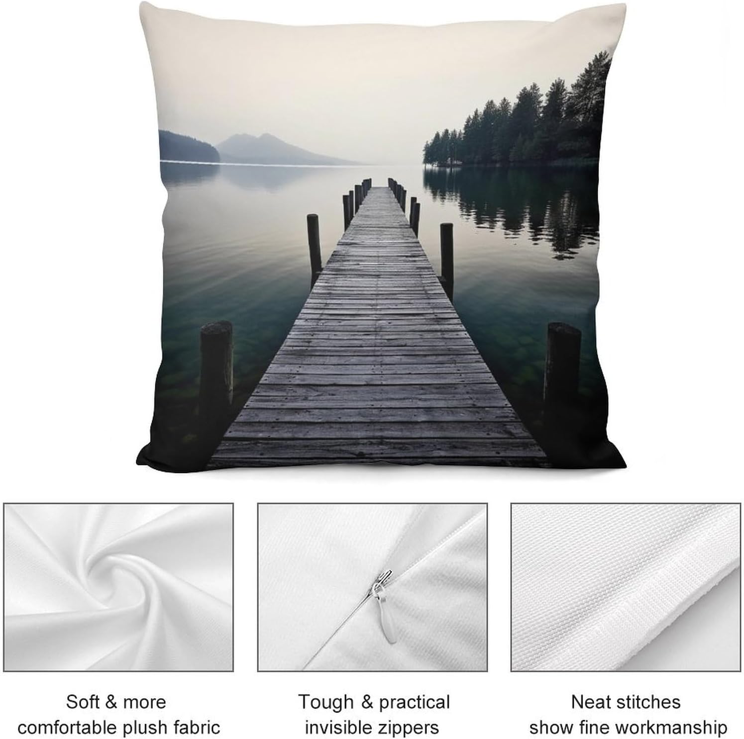 Zippered Pillow Cover, Pillow Protector, Wood Jetty and Calm Lake Printed Pillow Cover of 4, Pillow Not Included