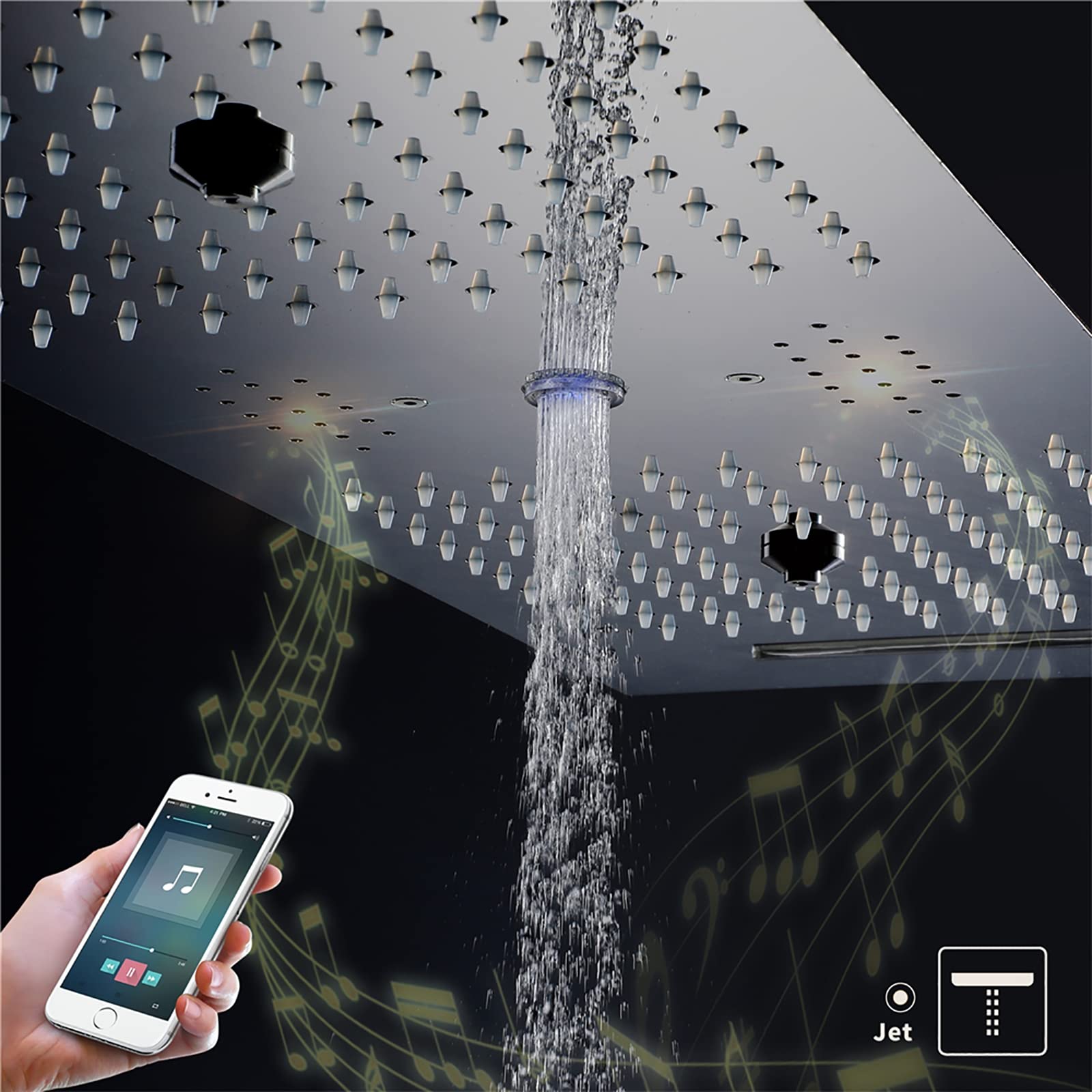 LED Música Rociador Ducha 90x30cm Cromado Alcachofas Fijas para Ducha 4 Funciones 64 Colores Alcachofa de Ducha Rectangular 304 Acero Inoxidable Cabezal de Ducha Lluvia,Touch Control