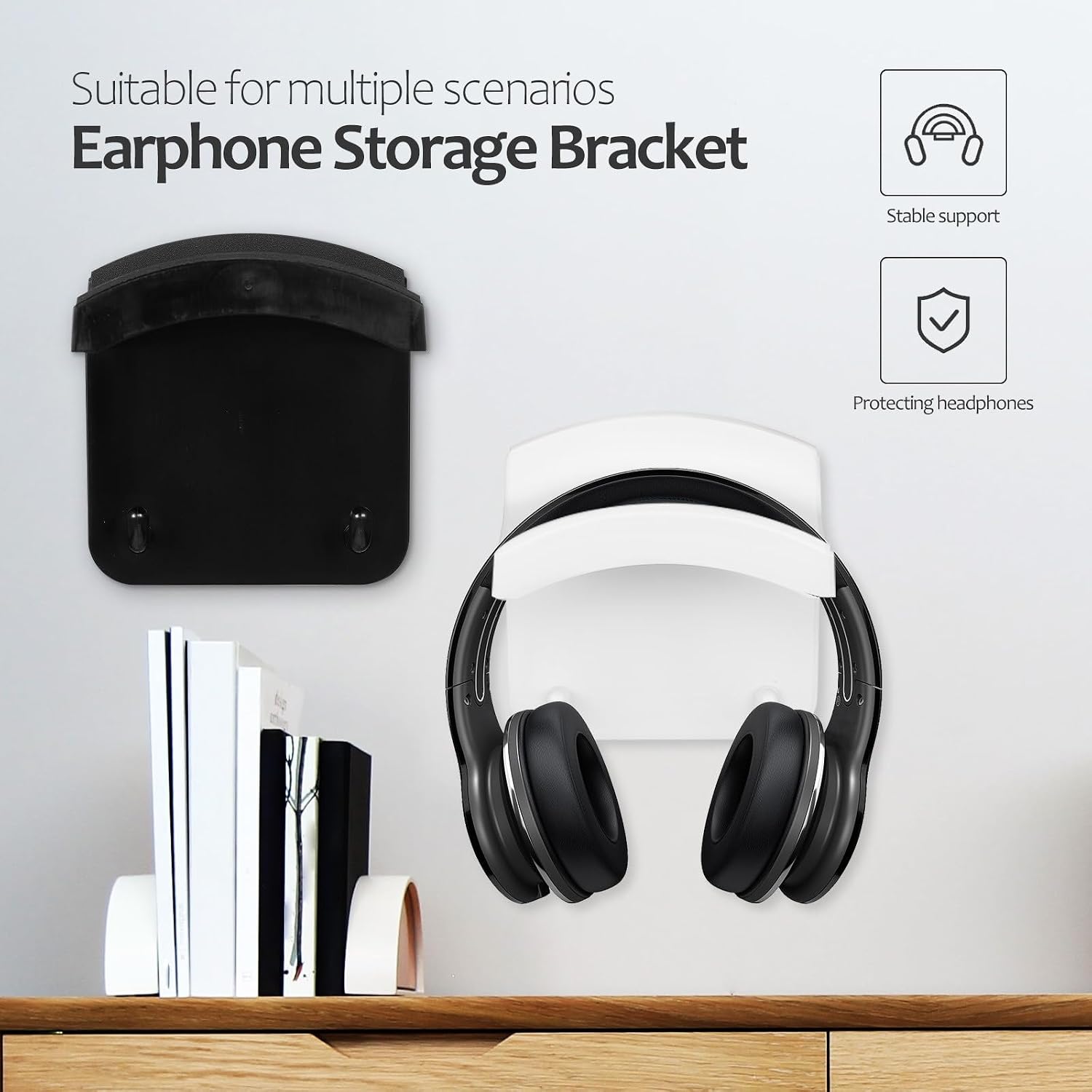 Homoyoyo 2pcs Wall Mount Headset Holder with Dual Hooks, Self-Adhesive Design Abs Headphone Hanger for Gaming Room and Office, Universal Headset Wall Holder for Headphones and Keychains image 5