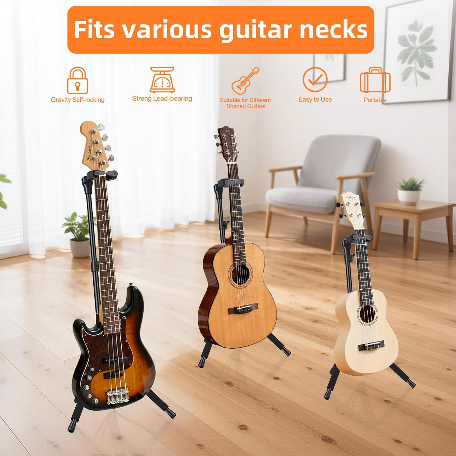 Folding Guitar Stand, Auto-Lock Bass Guitar Stand, Portable Electric Guitar Stand,Adjustable Heights Bass Stand for Stage, Travel, Studio