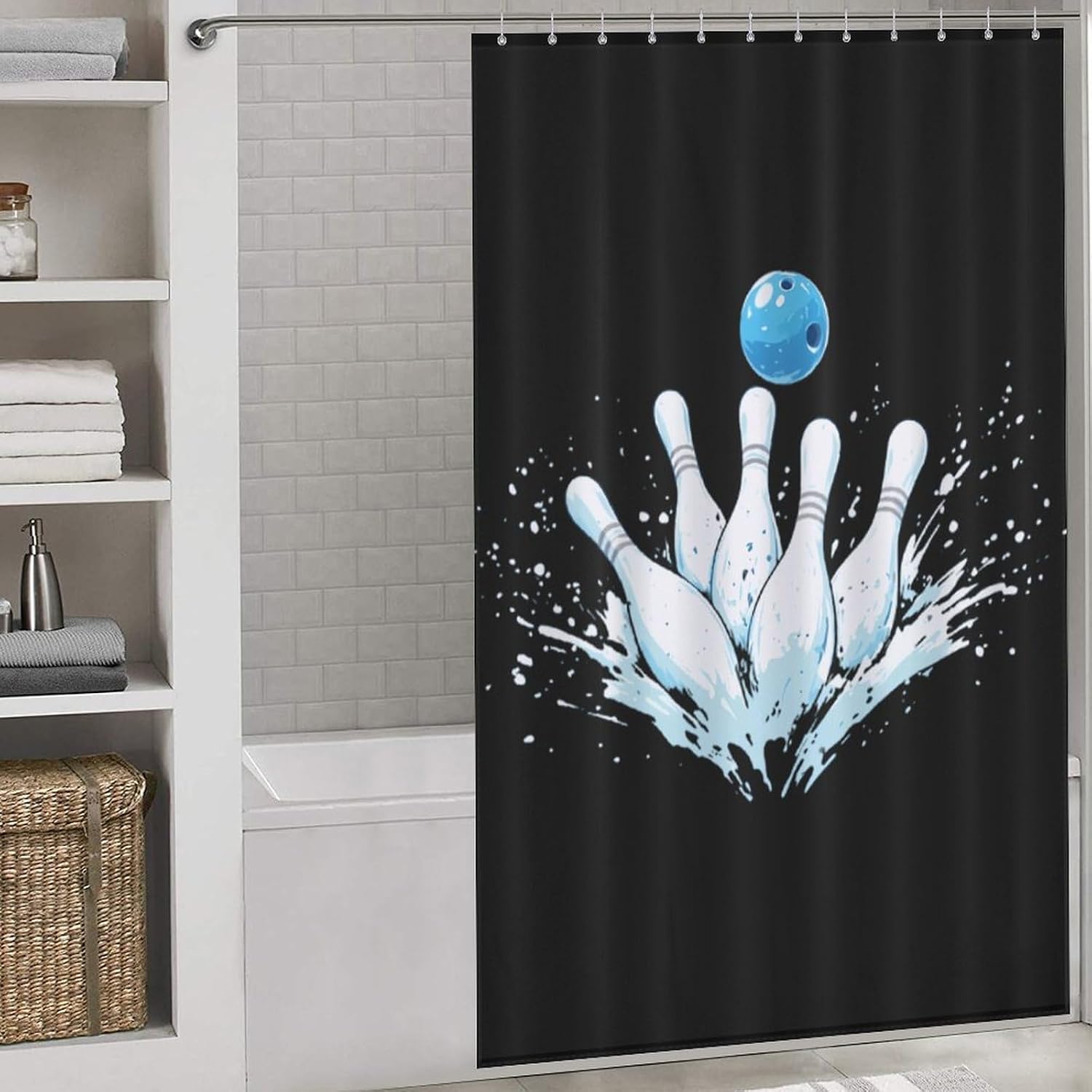 Bowling Pins Ocean Waves Fabric Shower Curtain Liner Bath Bathroom | machine washable,with 12 hooks,stainless steel grommets,room divider