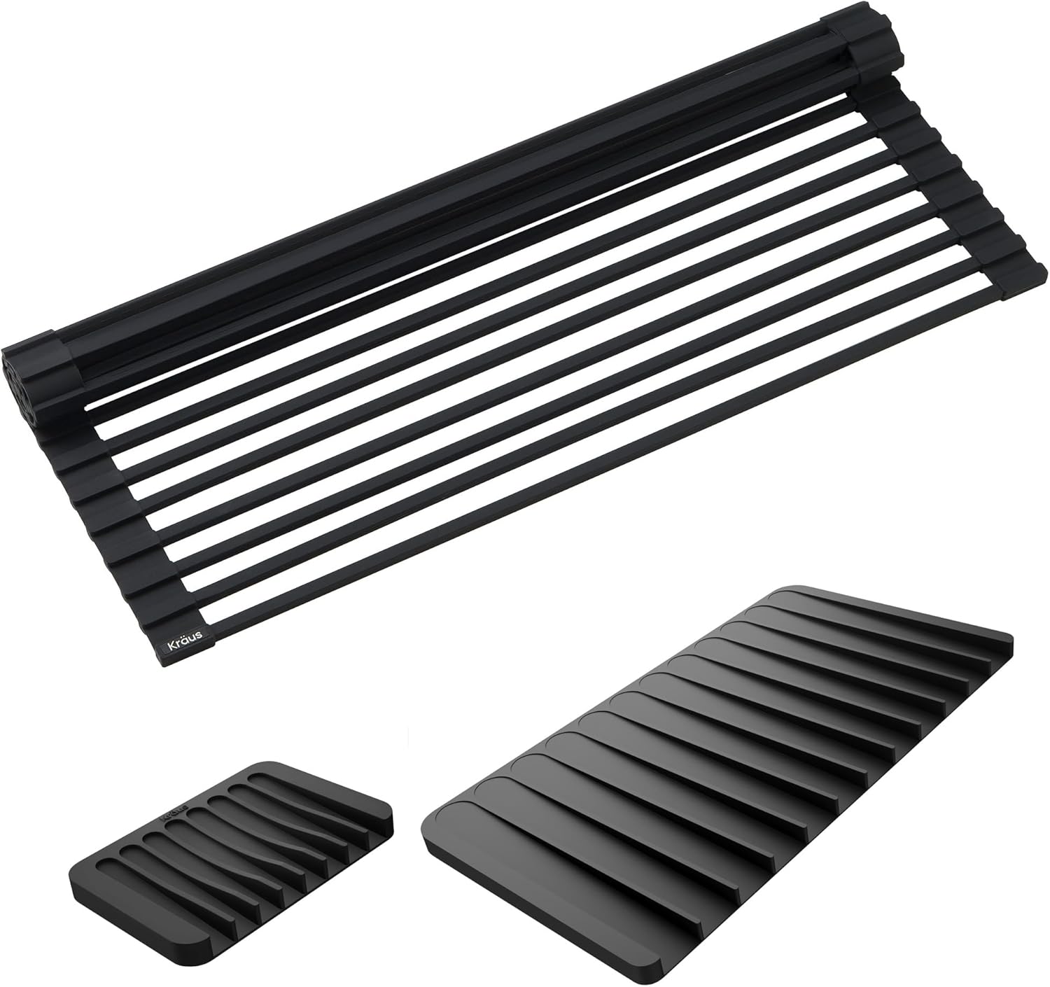 Kraus Roll Up Dish Drying Rack with Self-Draining Silicone Dish Drying Mat and Silicone Soap Dish Holder in Black, KDM-KRM-10BL