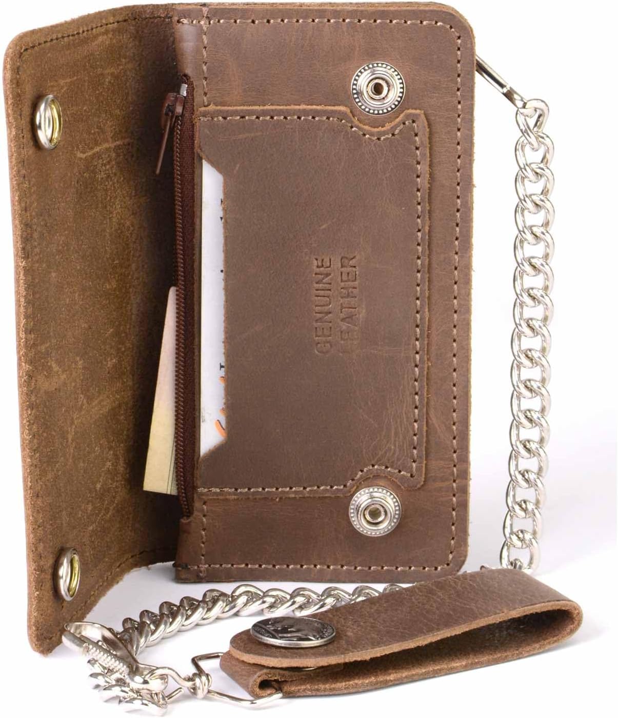Milwaukee Leather MLW7827 Men's 6” Brown Leather Bi-Fold Biker Wallet w/Anti-Theft Stainless Steel Chain and Buffalo Nickel Snaps - 6 Inch