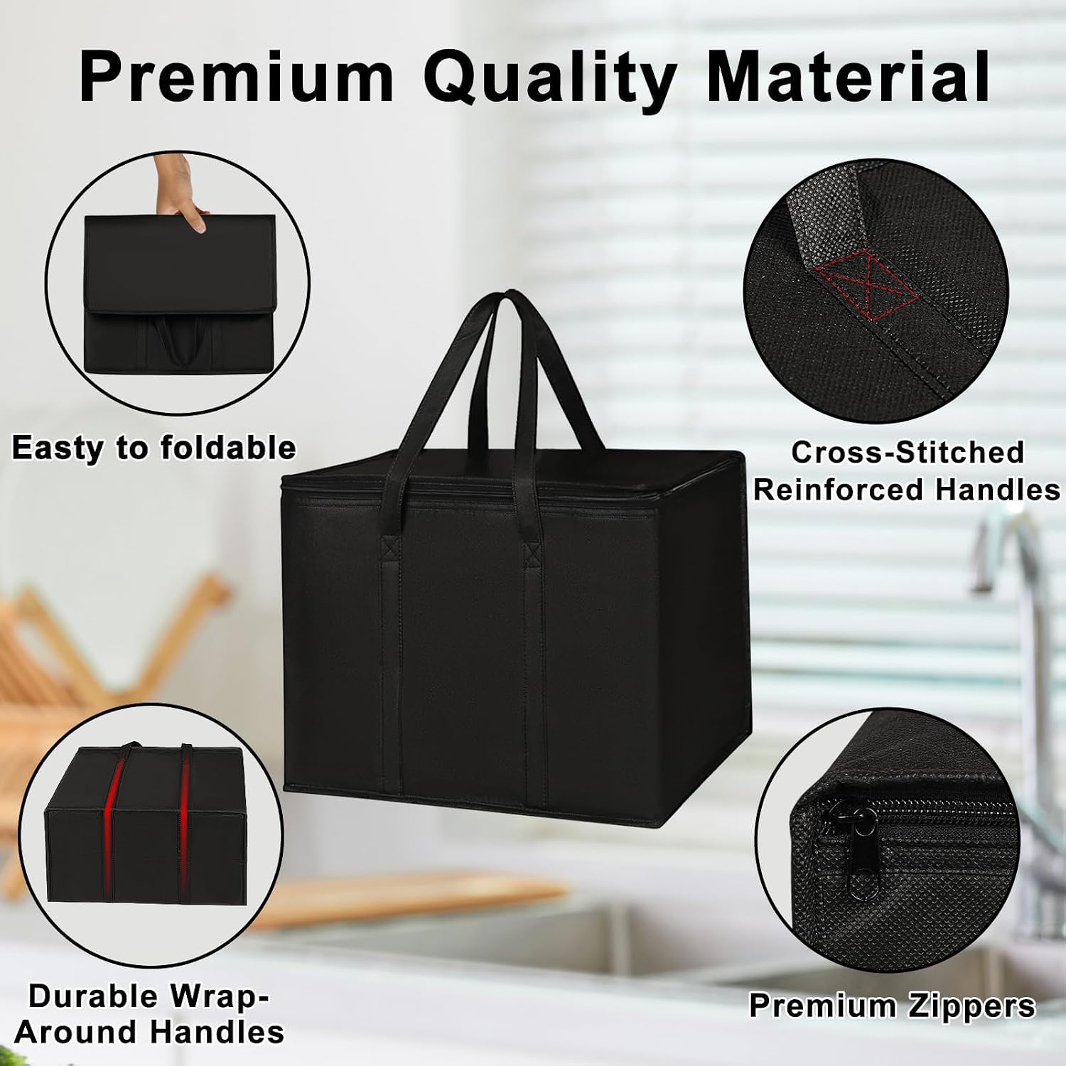 JNYONG 2 Pack Insulated Reusable Grocery Shopping Bags with zippered top | Food Delivery Bag,Collapsible Cooler Bag for Frozen Foods,Portable, foldable, insulated