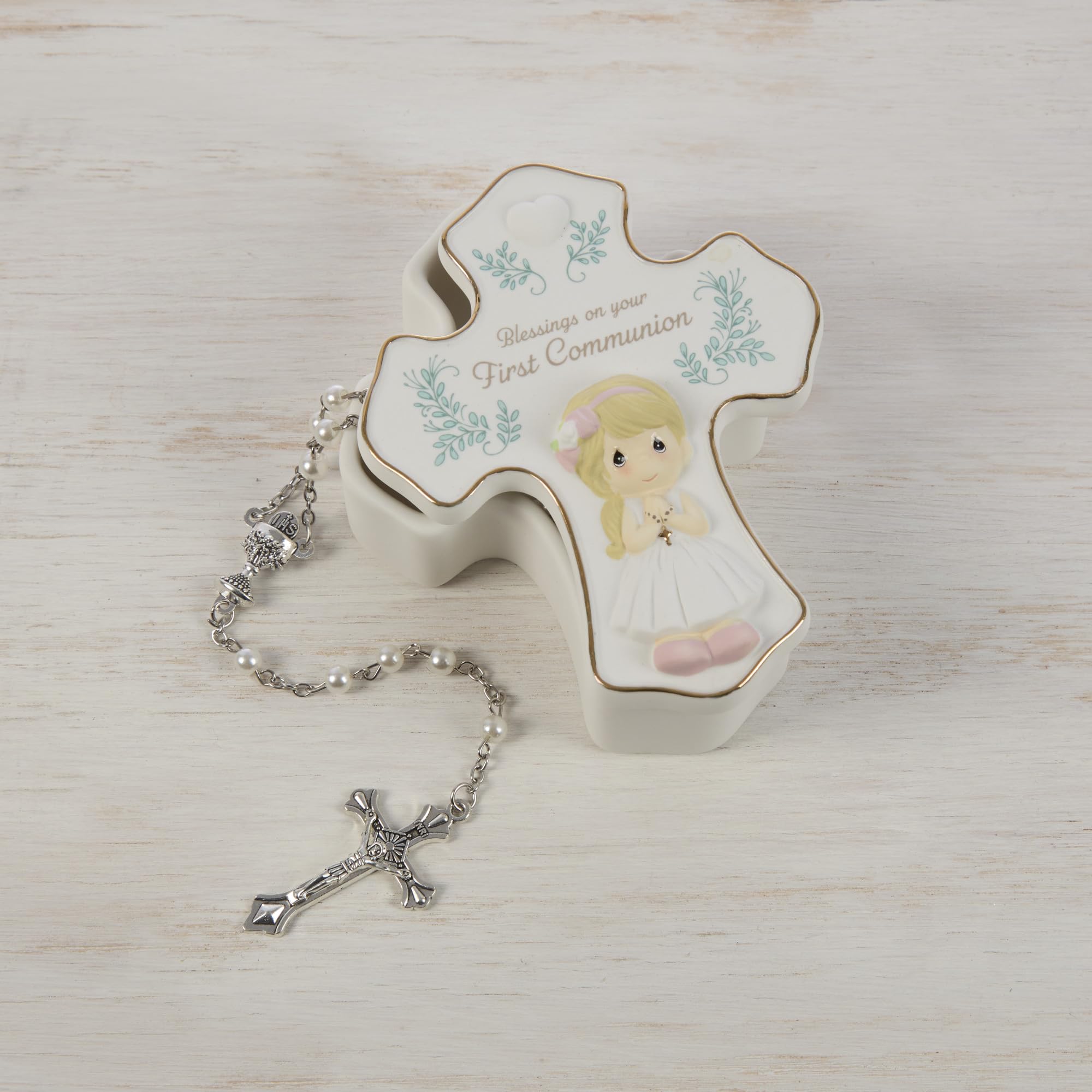 Precious Moments Blessings On Your First Communion, Bisque Porcelain Rosary Box with Rosary, First Communion Gift for Girls, Religious Keepsake for Catholic and Christian Faith