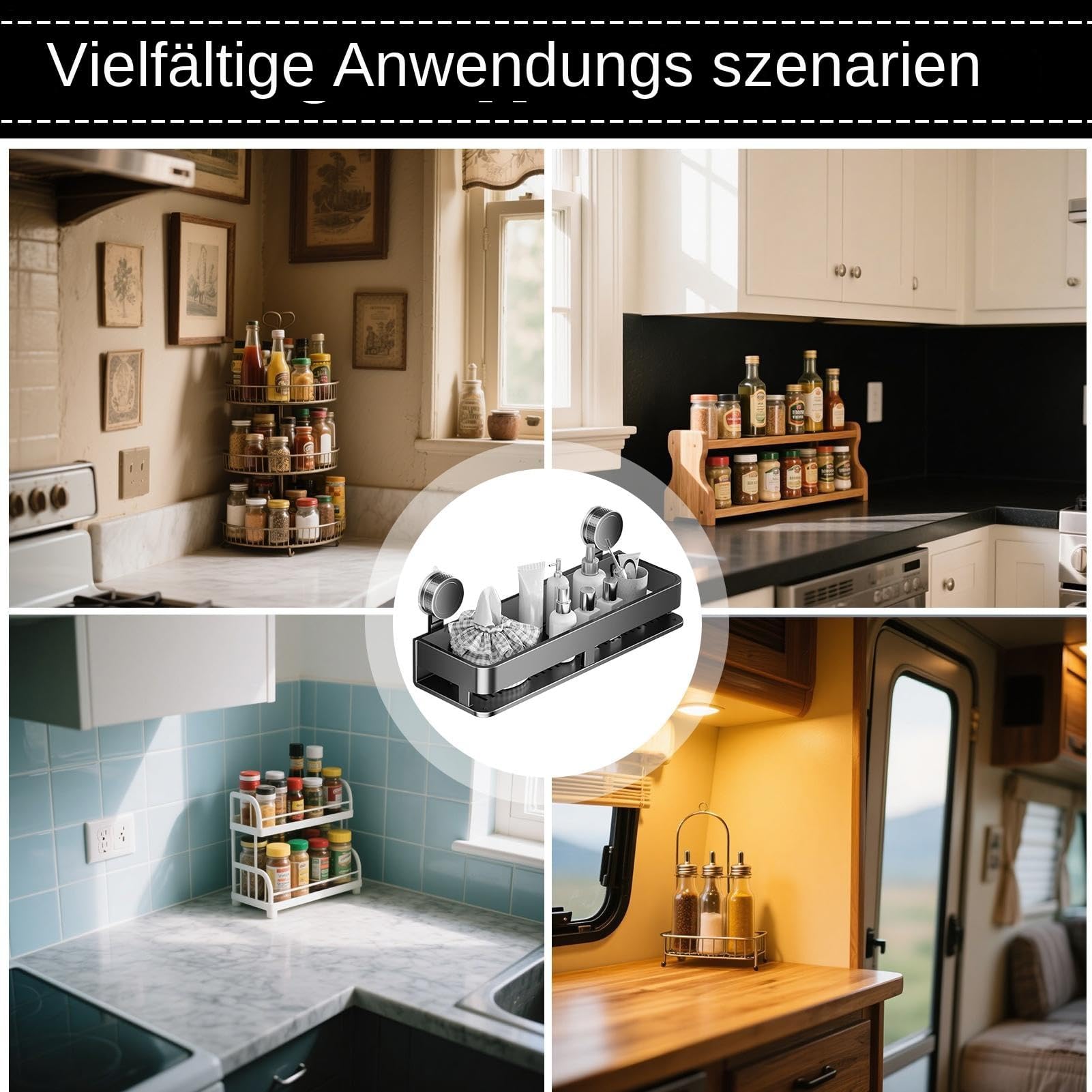 Wandmontiertes Saugnapf-Regal, 5 Haken, Küchenregal für Gewürze, Gewürze und Zubehör, ideal für Fliesen, Metall, Marmor, Wohnmobil und Camping, 81,3 x 17,8 x 36,8 cm