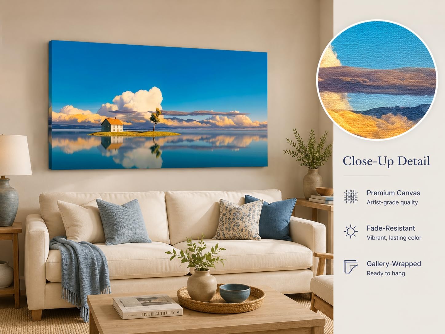 Arjun Lake House Canvas Wall Art Mountain Landscape Blue Panoramic Painting