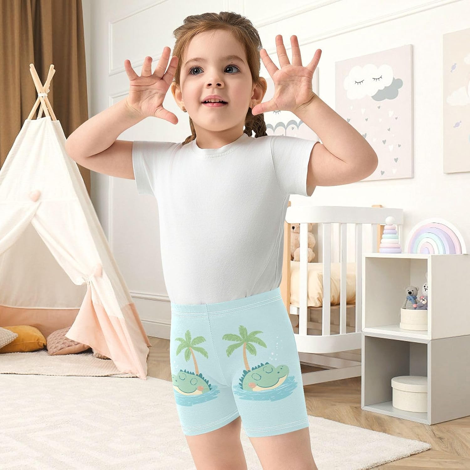 Green Alligator Palm Tree Girls Bike Shorts Toddler Soft Cotton Under Dress Cartwheel Shorts