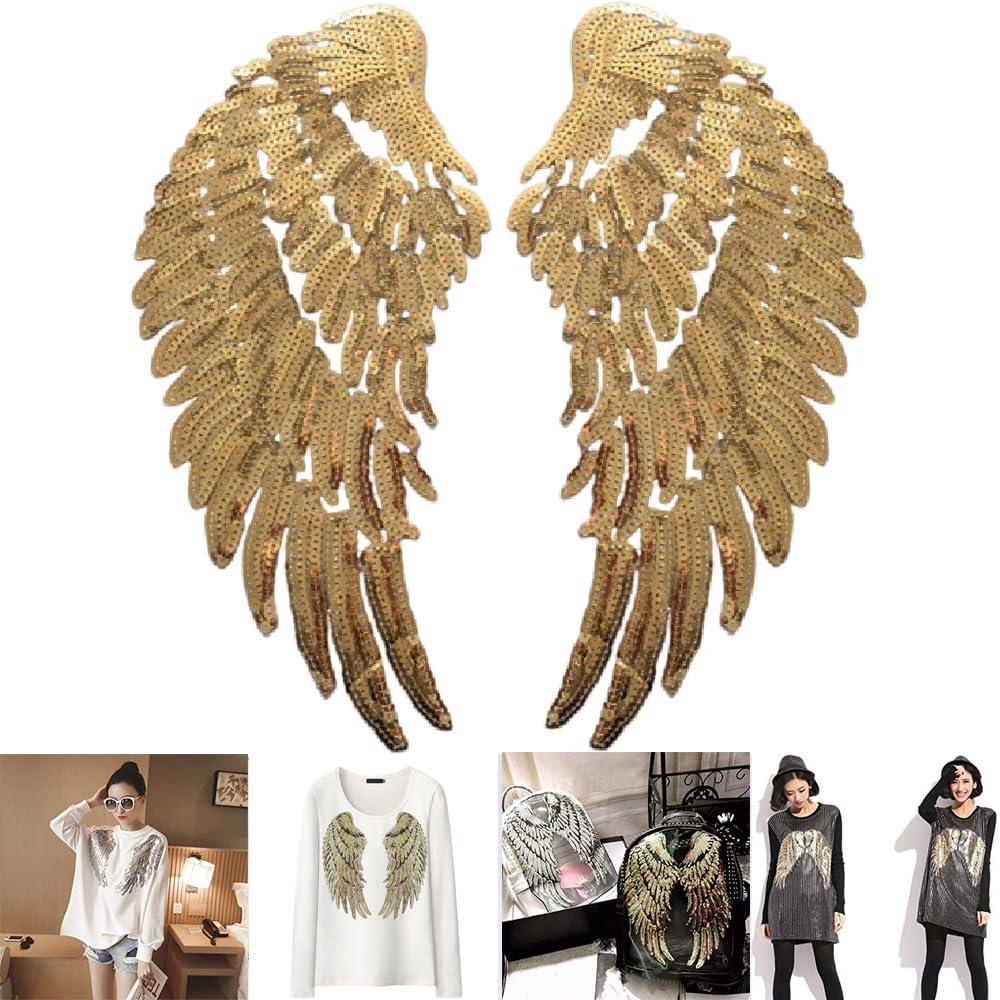S.A.V.I 1 Pair Large Sequin Angel Wings Iron-On Patch | DIY Applique for T-Shirts, Jeans, Backpacks, Pillows | Washable Heat Transfer Sticker | Fashion & Craft Projects (Gold)-image-19