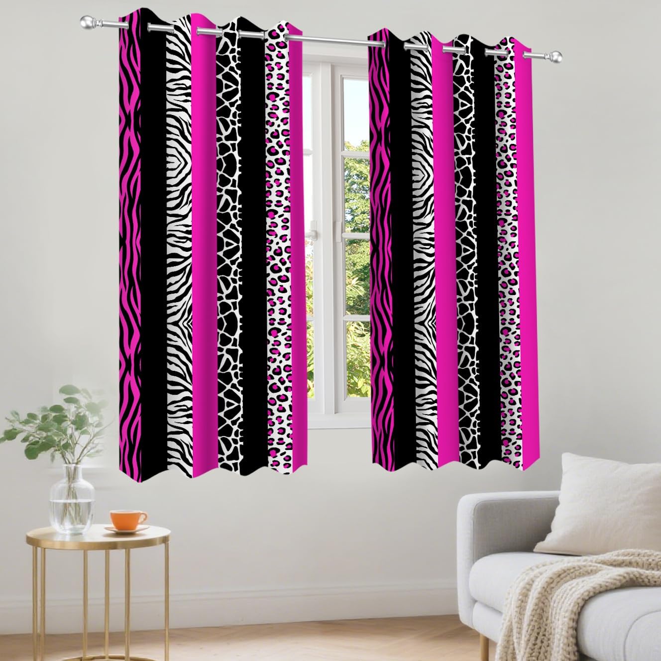 Animal Print Curtains Hot Pink Cheetah Zebra Giraffe Leopard Print Striped Blackout Curtain for Bedroom Living Room Grommet Window Drapes 2 Panels, 42x63 Inch