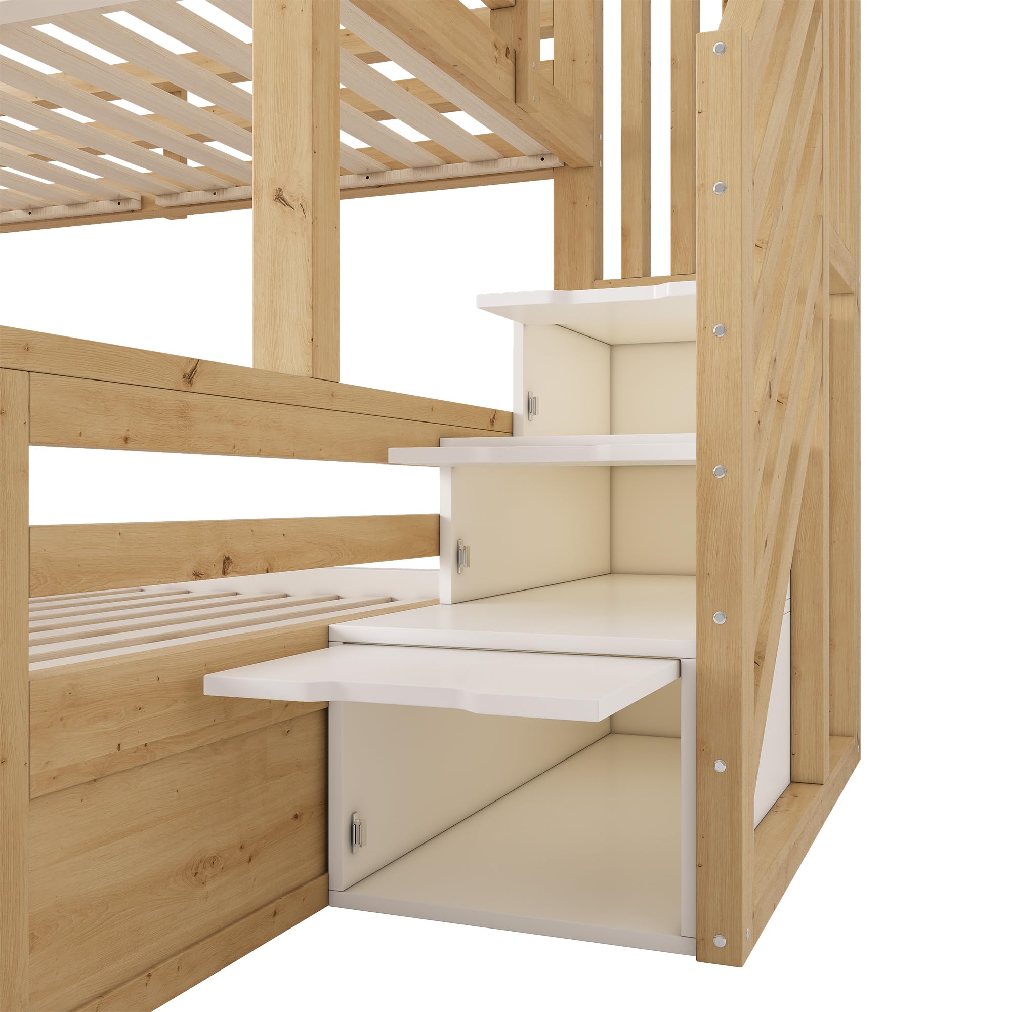 Shye Litera de madera con escalera, 2 cajones, techo a dos aguas, cama familiar, color blanco y roble (sin colchón)