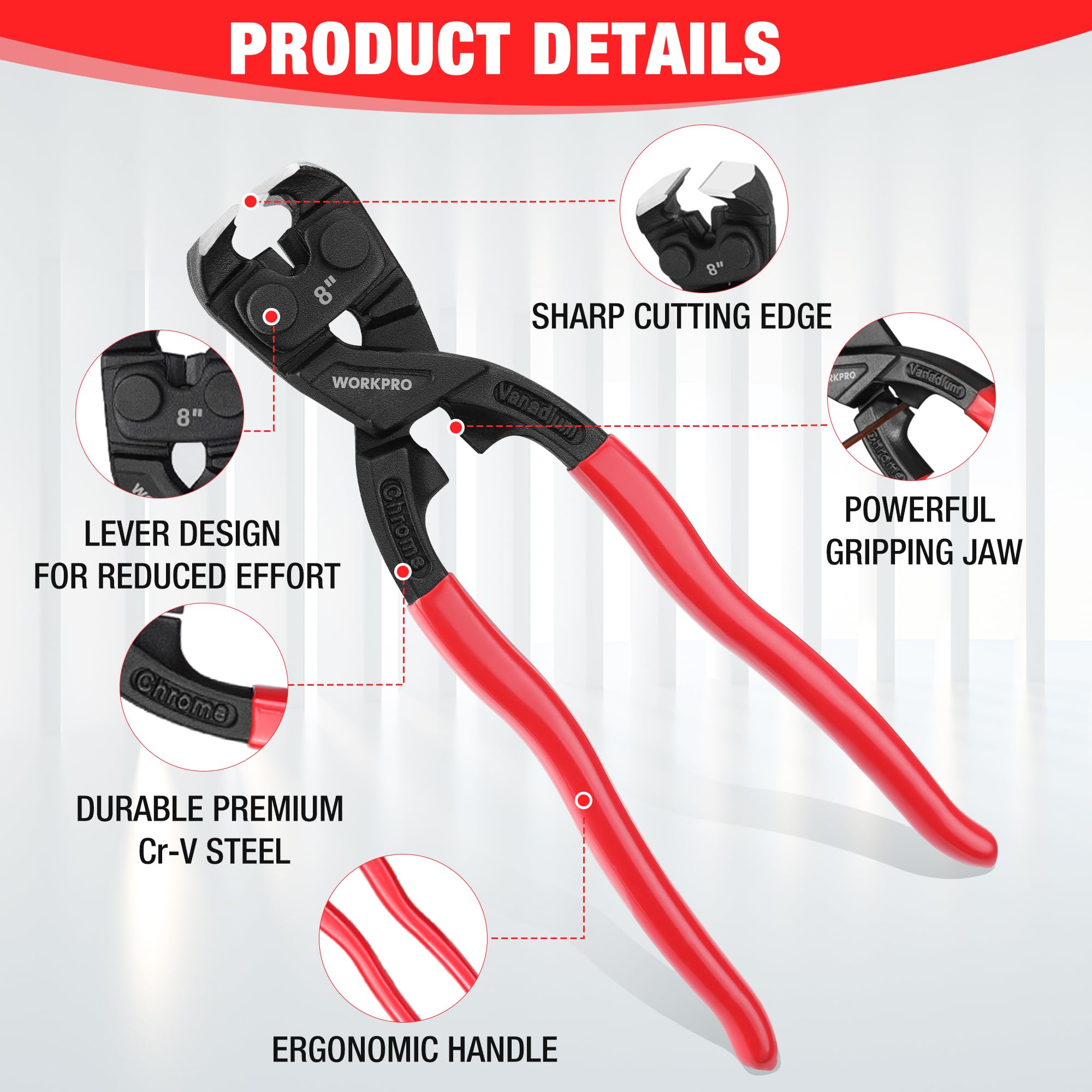 WORKPRO 20 cm High Leverage End Cutting Pliers, Heavy Duty Multi-Purpose Pincers Pliers - Image 2