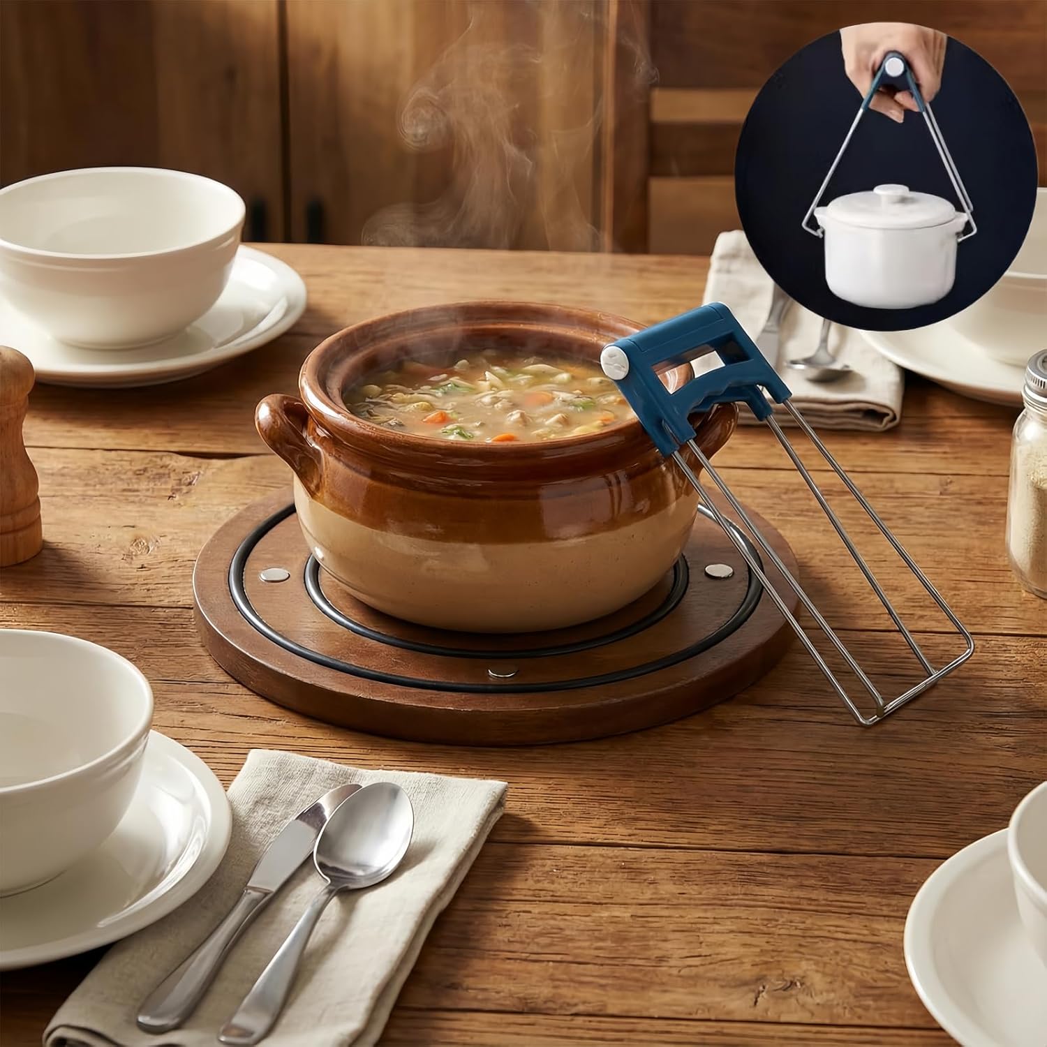 Magnetic Wooden Trivet with 7 Strong Magnets & Pot Clip - 8 Inch Heat Resistant Acacia Wood Holder with Non-Slip Silicone Rings for Hot Pots and Pans, Stovetop to Table.