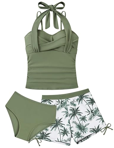 Girls Bathing Suits for Teens Size 14 16 Tankini Swimsuits with Short 3 Piece Kids Olive Green Swimming Suit Bikini Sets Tropical Floral Juniors Girl Tummy Control Swimwear