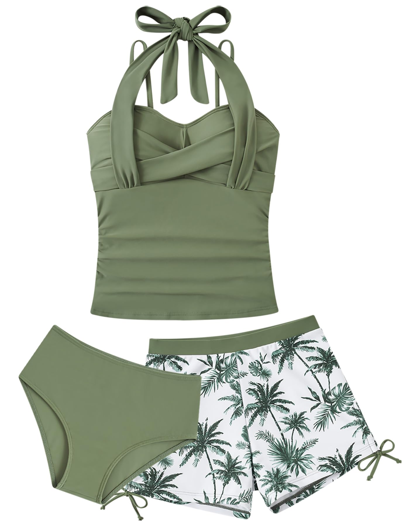 Photo 1 of Teen Bathing Suits Size 12 14 Kids Girls Olive Green Swimsuits for Teens Girl Tankini Bikini Short Sets 3 Piece Juniors Adjustable Strap Halter Swimwear Swim Swimming Suit
