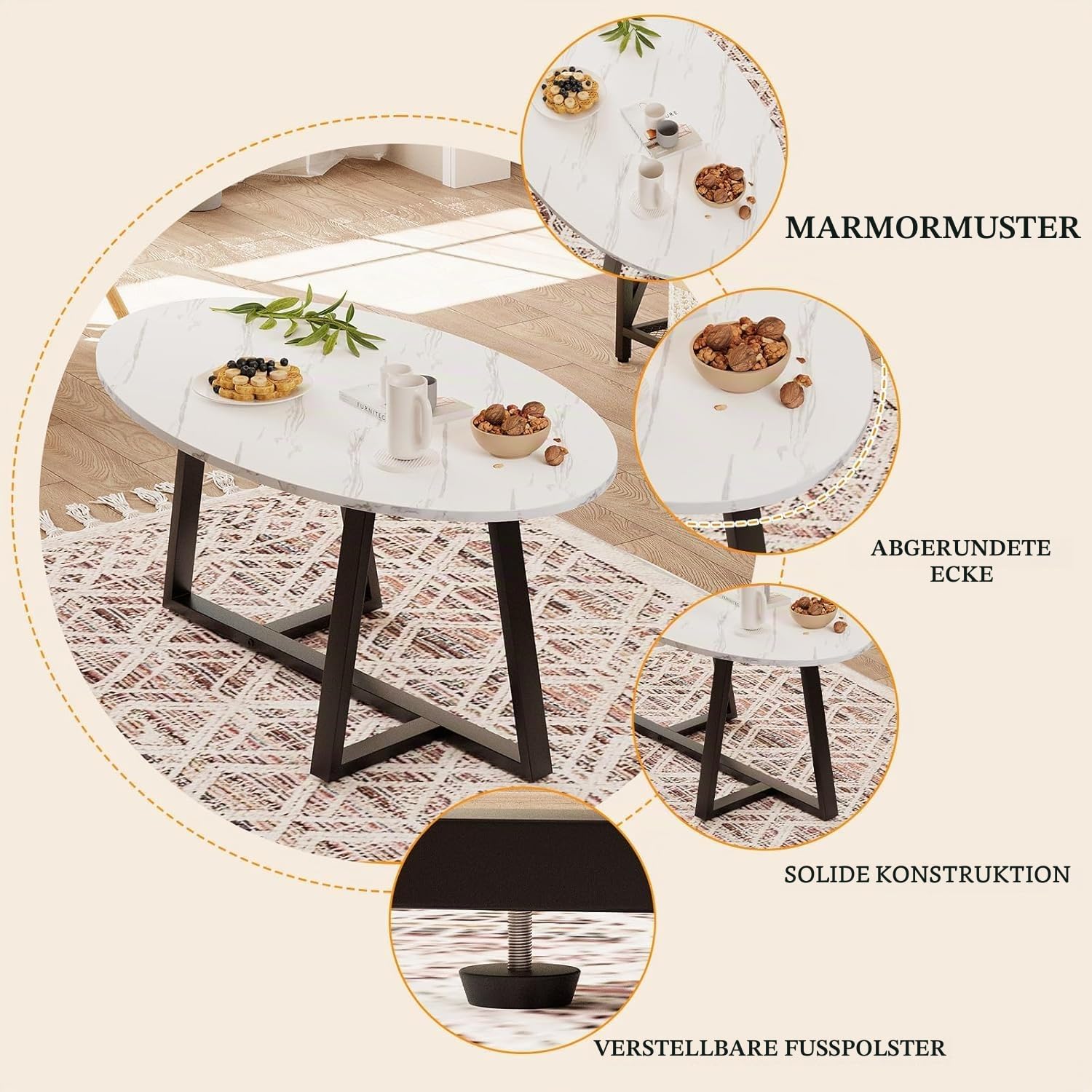 Huhote Couchtisch, Wohnzimmertisch mit Metallgestell, Satztisch, Oval Wohnzimmertisch, Sofatisch, Beistelltisch, Kaffetisch, Teetisch, Wohnzimmer möbel für Büro, 100 x 55 x 45 cm, Schwarz