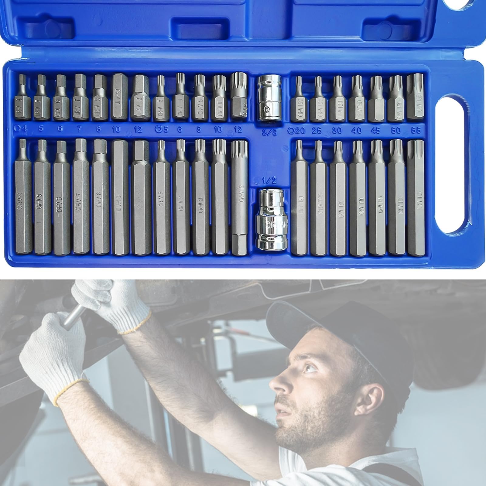 QZQUFJ Kit de 40 Piezas: Llaves de Vaso, Puntas Atornillador, Acero al Cromo-Vanadio, Imantadas, Llave de Estrella, Juego Torx para Reparación de Automóviles