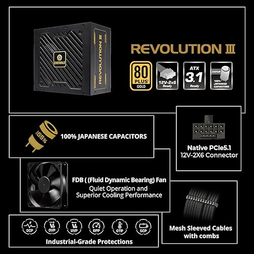 Miniatura 2 de ENERMAX Revolution III 1000 - Fuente de alimentación para PC totalmente modular - 1000 vatios - 80 Plus Gold - Conector de 600 W 12V-2x6 -