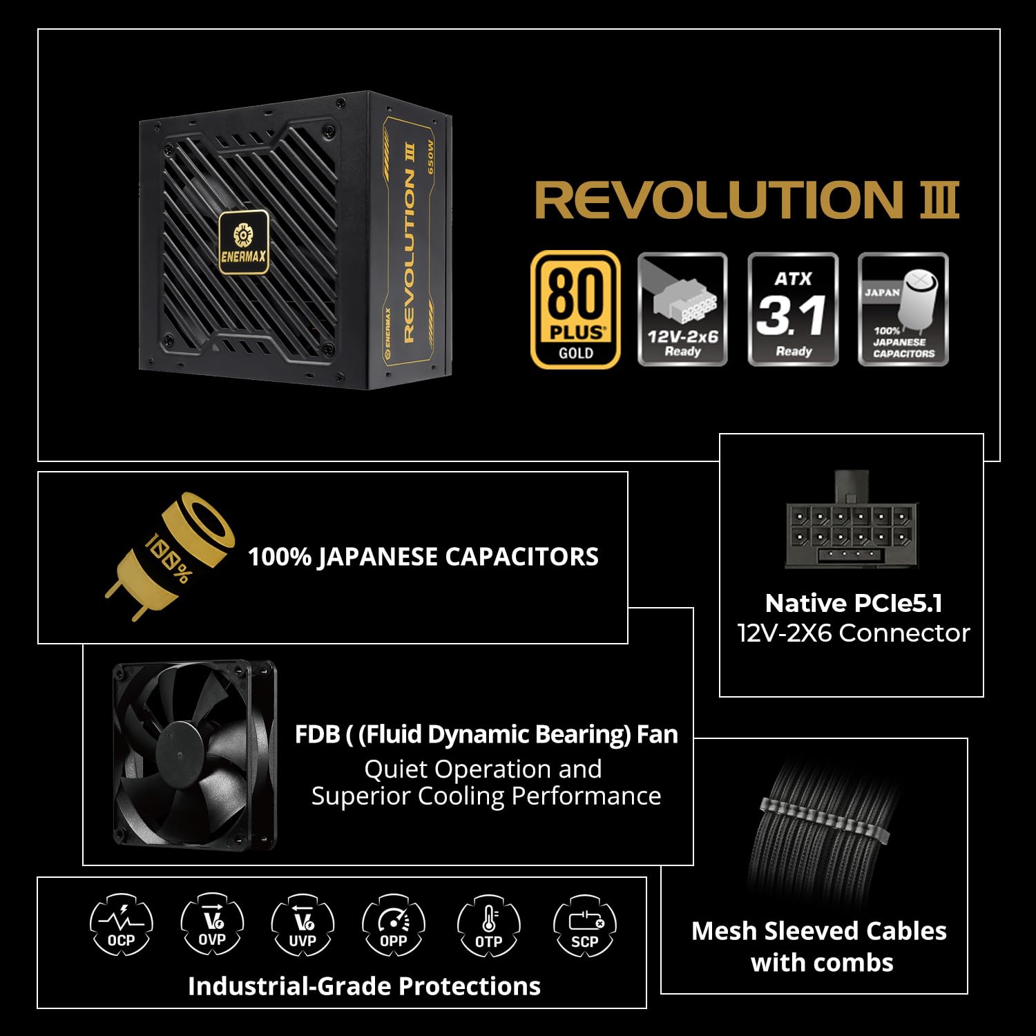 ENERMAX Revolution III 850 - Alimentatore PC completamente modulare - 850 W - 80 Plus Gold - Connettore 600W 12V-2x6-100% condensatori giapponesi - Cavi con coperchi - 10 anni