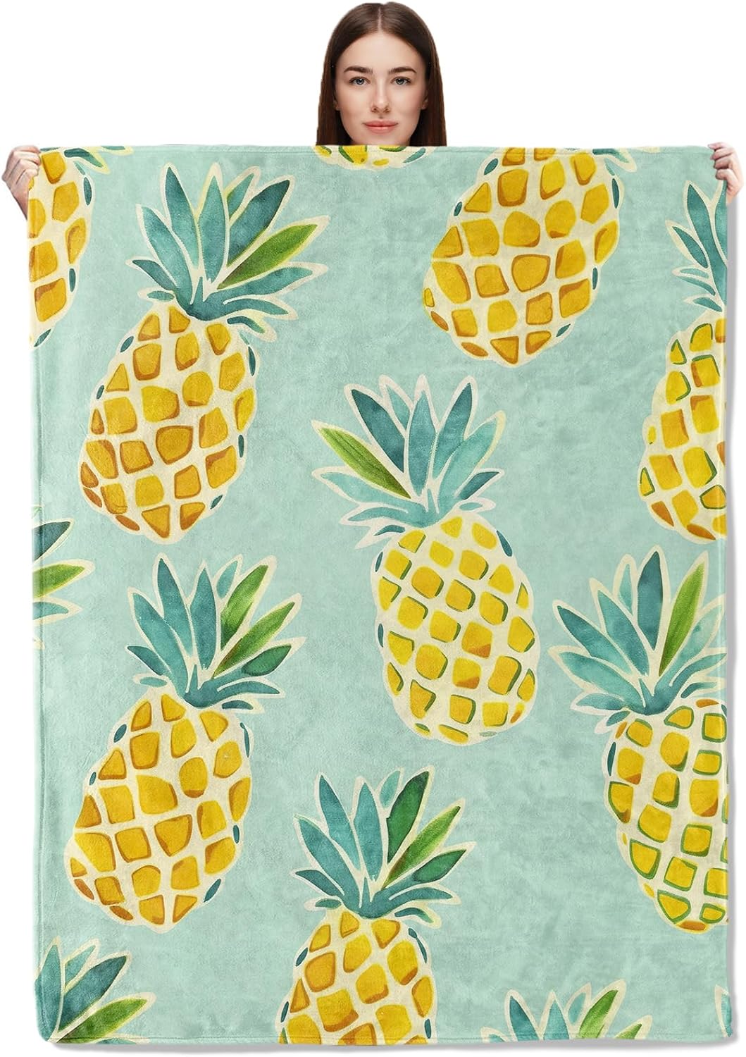 Pineapple Flannel Throw Blanket 50x60 Inch, Yellow Tropical Fruit Pattern on Aqua Background Blankets Soft Cozy Fleece Throws for Adults Bed Sofa Dorm Living Room Summer Home Decor Gifts