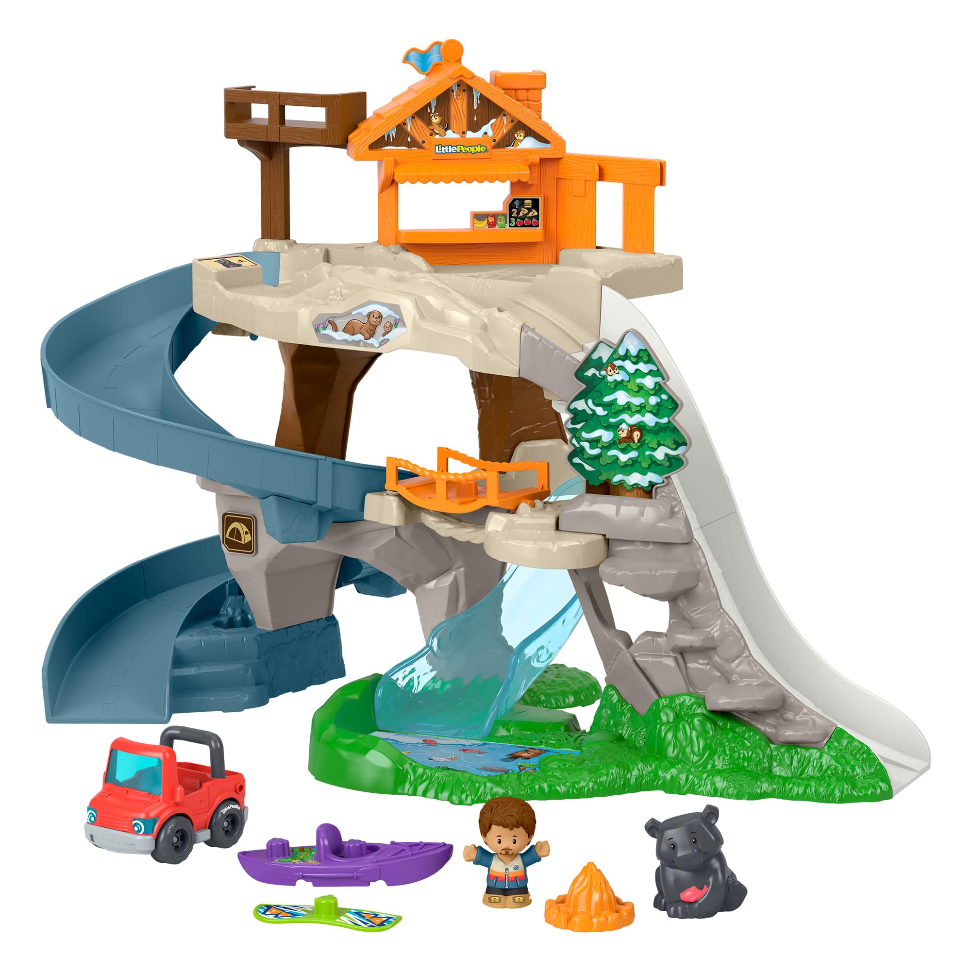 Fisher-Price Little People Wielka górska przygoda Tor samochodowy Zjeżdżalnia Zestaw, autko, 2 figurki, kajak i elementy do zabawy, zabawka dla dzieci 1+, JJY77