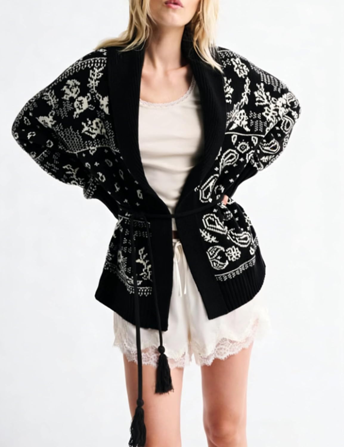 Womens Cardigan Sweaters Fall Trendy Chunky Long Sleeve Printed Casual Belted Cardigan - Image 2