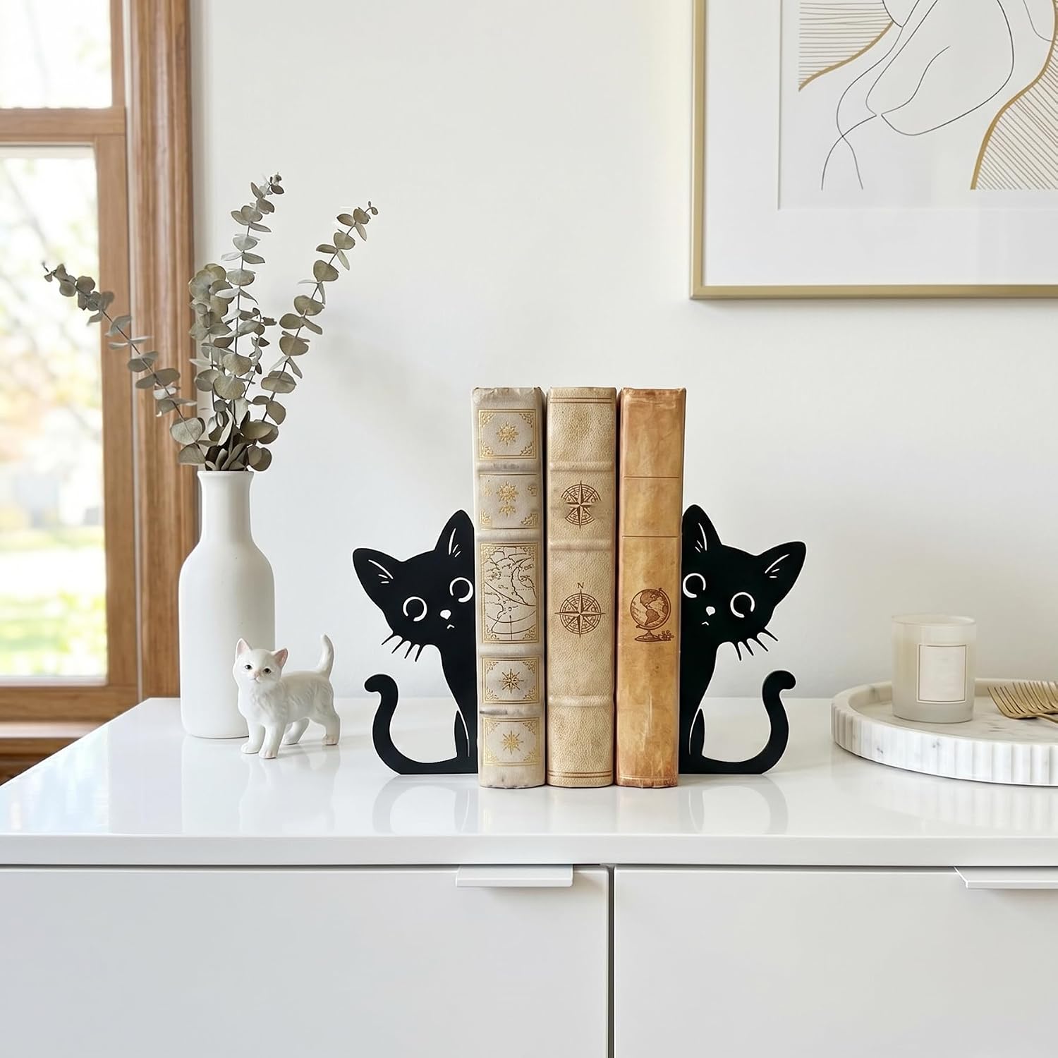 Metal Bookends Pair, Desk Shelf Organizer Home Decor (Cat Style 1)