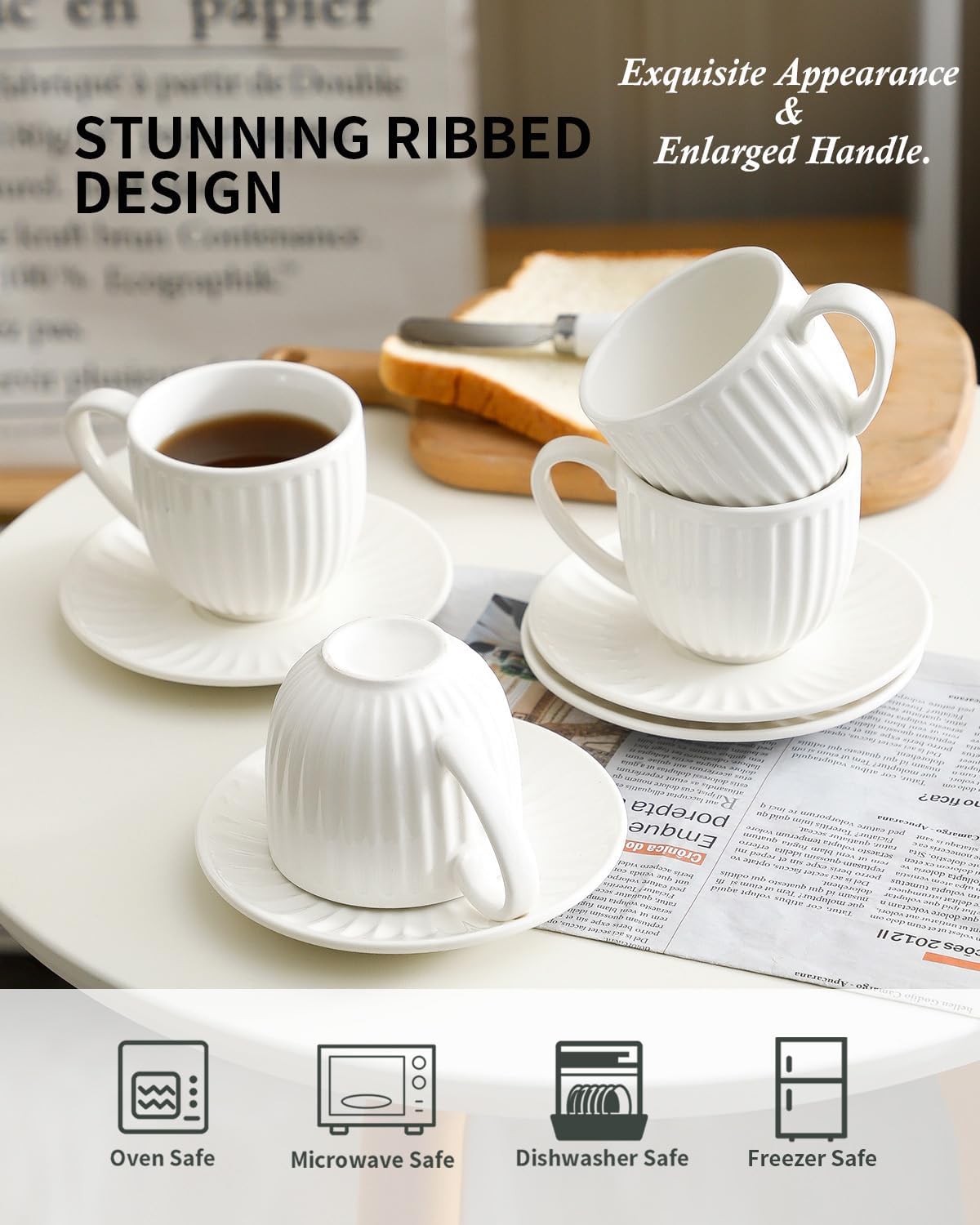 Hasense 5 Piece Butter Dish with Lid, 6 Oz Cappuccino Cups Set of 4, White