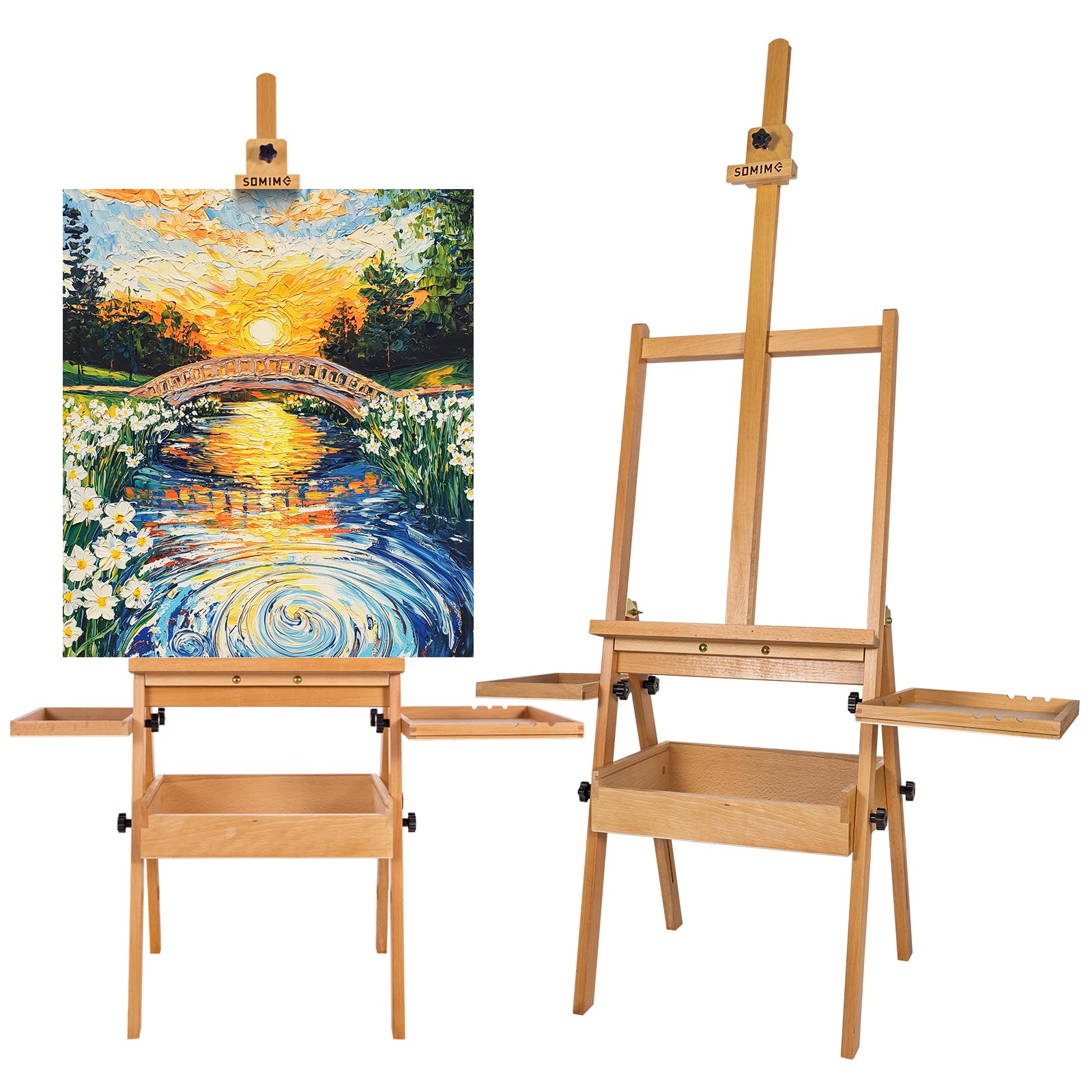 Wooden H-Frame Studio Easel with Storage Drawer and Palettes,Natural