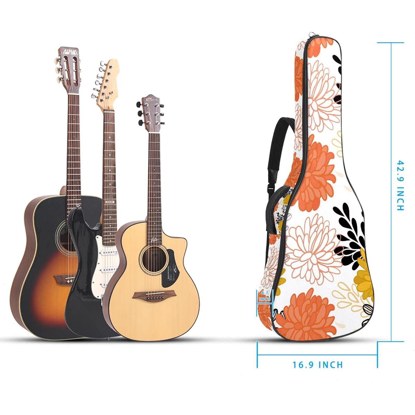 Housse de transport pour guitare avec bandoulière réglable - Pour guitare basse classique folk de moins de 106 cm - Jaune et orange - Grandes fleurs