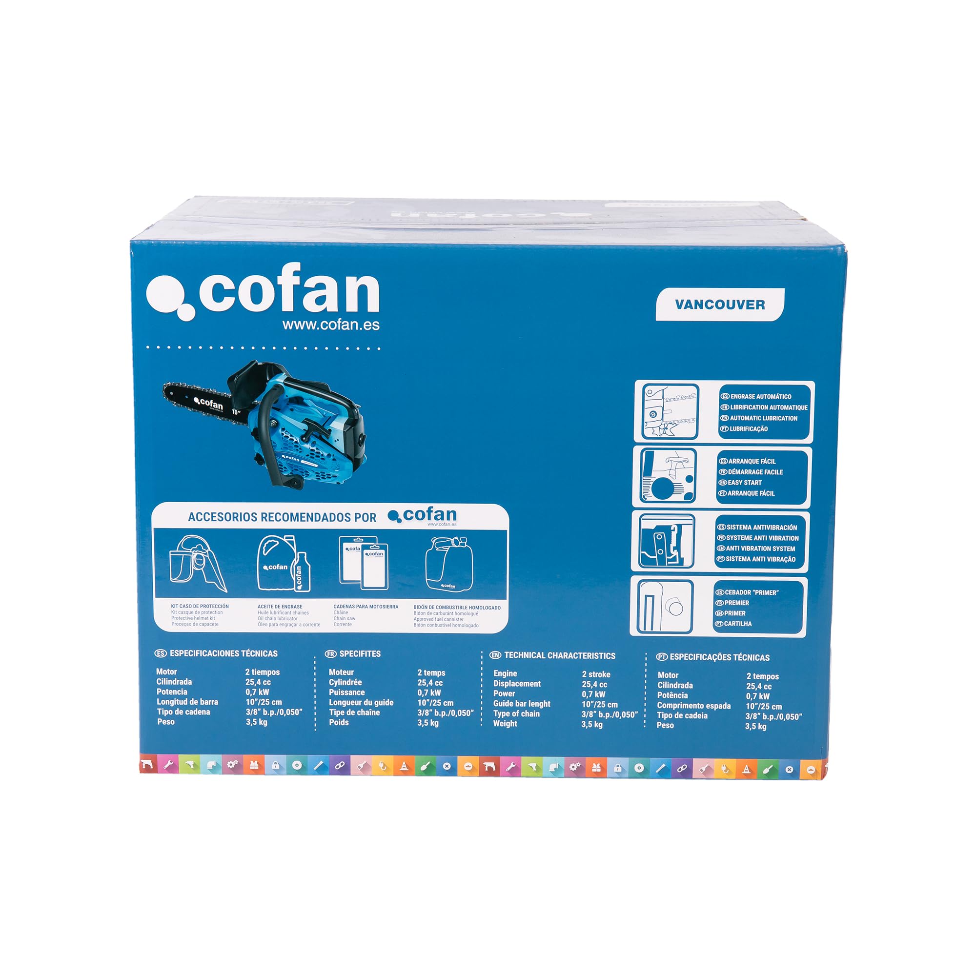 Cofan Motosierra de poda de gasolina | Motor de 2 tiempos | Espada de 10" | 25,4 cc | Potencia: 0,9 CV | Sistema antivibración