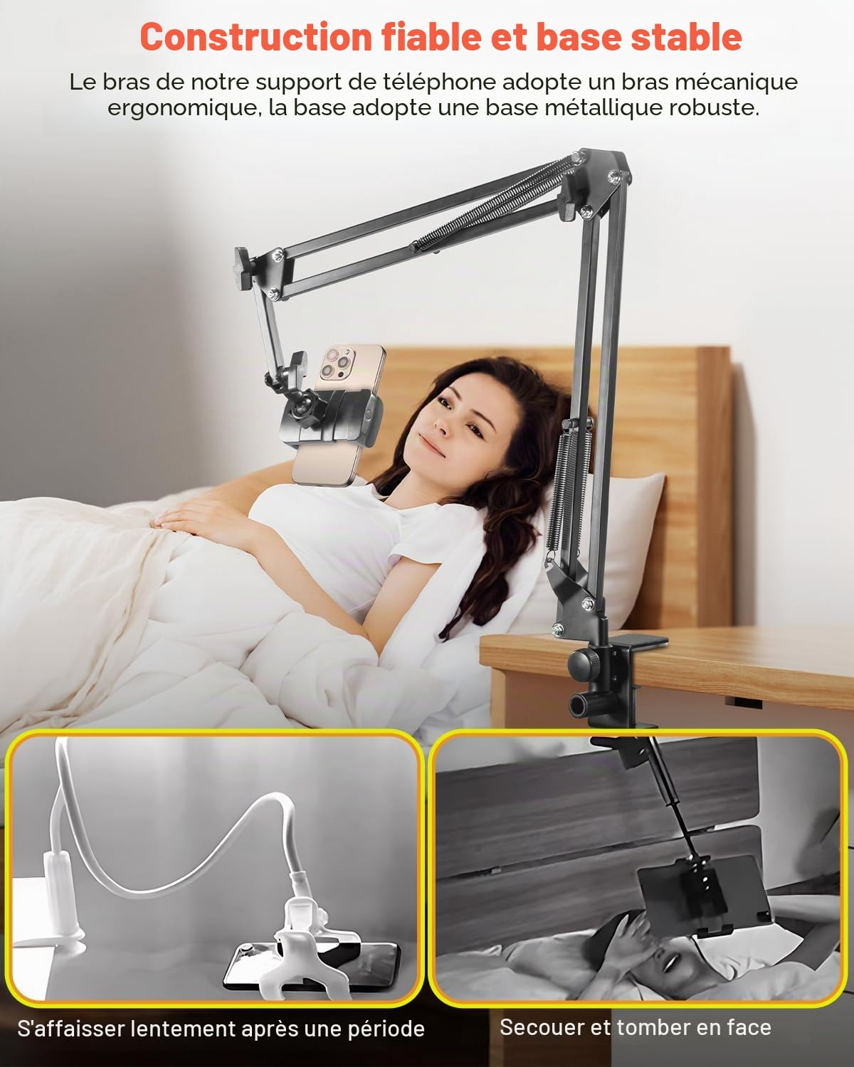 Support de téléphone portable pour lit Bras long flexible pour iPhone 15, 14, Pro Max, SE, 13, 12, 11, X, XS, 8, 7, Galaxy S23, S22, et smartphones de 4 à 7