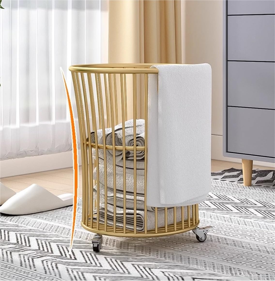 Kosz Na Pranie Kosz Na Bieliznę Żelazny Kosz Na Pranie Z Kółkami Kosz Na Pranie Okrągły Kosz Na Ubrania Do Łazienki Sypialnia Salon Łazienka Pojemnik Na Pranie Skrzynia Na Pranie (Color : A-Gold, Si