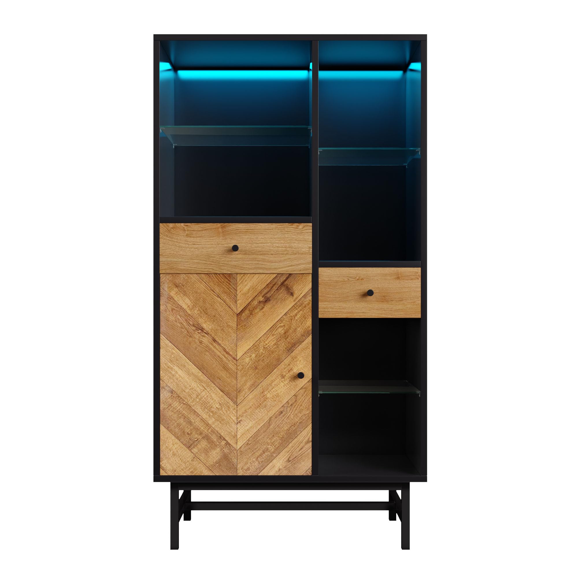 Idemon Vitrina con iluminación ambiental de 12 colores, armario de cocina con cajones y estantes de cristal, grano de madera triangular