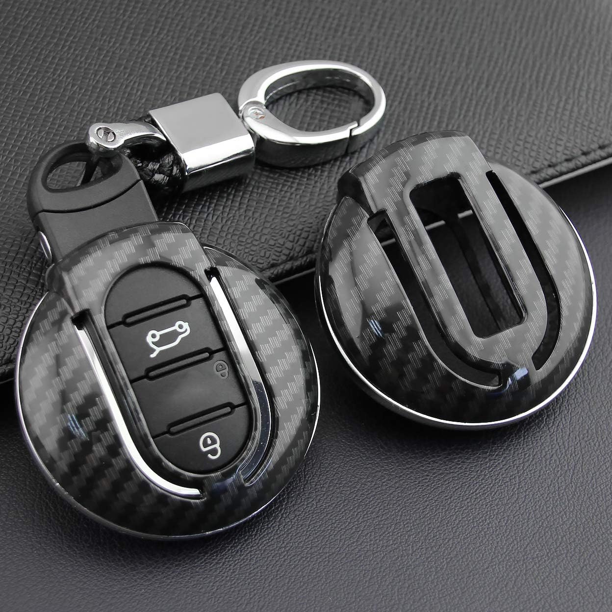 For BMW Mini Cooper Key Fob Cover, ABS Carbon Fiber Pattern Car Key Case Protector for 2014-2021 2022 BMW Mini Cooper S D F54 F55 Clubman Cabrio Countryman with Keychain