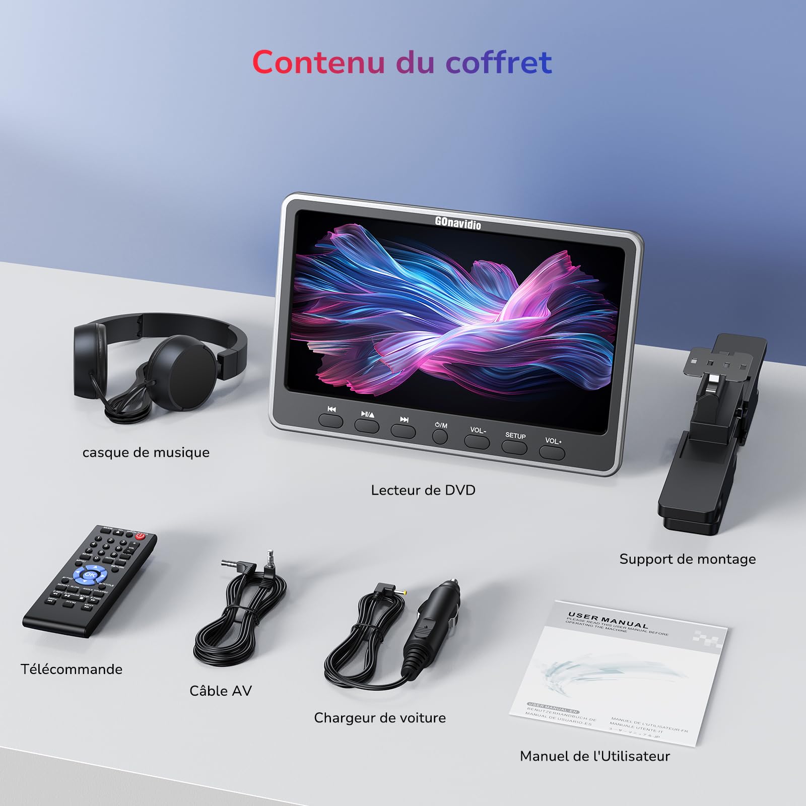 GOnavidio 12" HDMI-in Lecteur DVD Voiture, Lecteur DVD Portable Voiture Compatible USB/SD, Slot-in Conception et ecran appuie Tete pour Enfant avec Casque,Support Région Libre