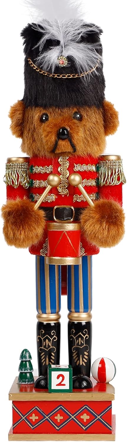 joliyoou christmas nutcracker figures, 14 inch wooden nutcracker ornaments, large xmas funny nutcracker tabletop festival shelves decorations(bear drummer)