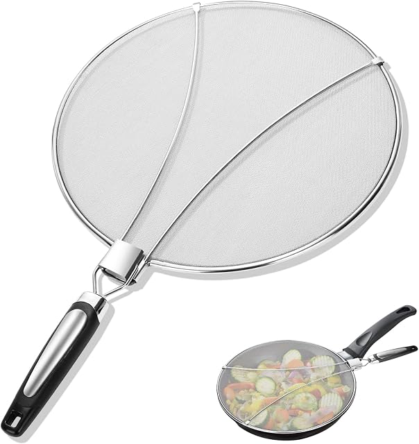 Philonext Splatter Screen for Frying Pan 29 cm Stainless Steel Splash Screen Protector with Silicone Folding Handle Suitable for Many Pots Practical Kitchen