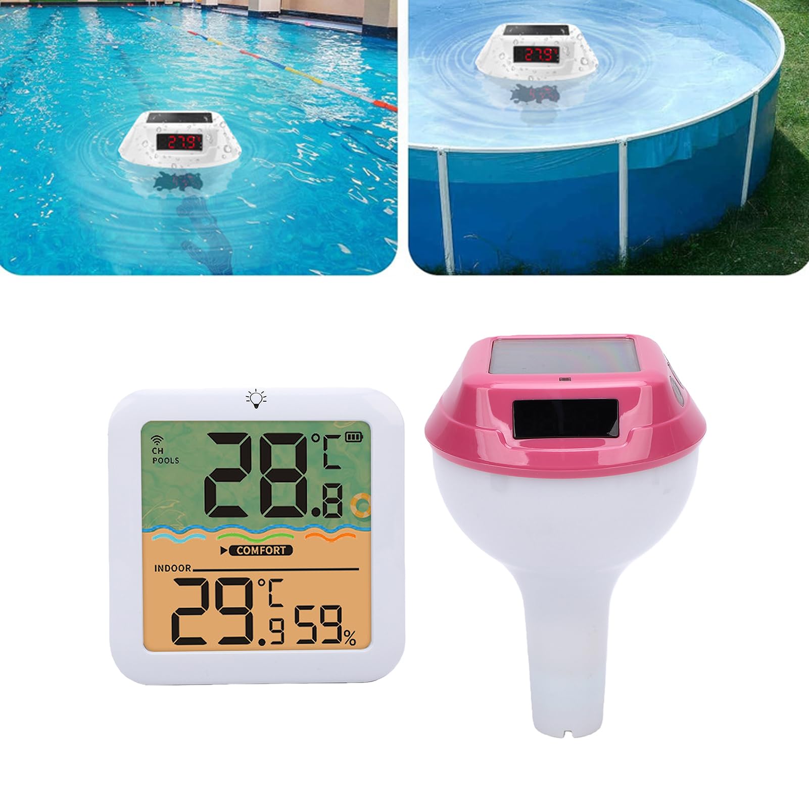 Bewinner Termómetro de Piscina Flotante con Energía Solar con Luz RGB, Termómetro Digital Solar Inalámbrico IP68 de Alcance de 328 Pies, Pantalla de Humedad Interior para Usuarios de (rojo)
