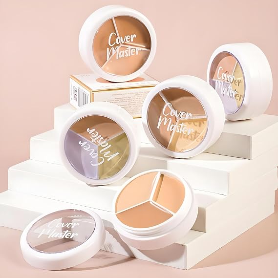 3 Shades Creamy Waterproof Concealer & Contour Kit for Neutralising Dark Circles, Redness & Imperfections - Complete Coverage Long-Lasting Wear Includes Dual-Ended Brush for Targeted Colour
