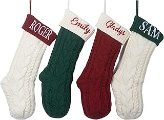 Personalized Christmas Stocking, Unique Burgundy and Ivory White Knit and Green Christmas Stockings Rustic/Farmhouse/Country Fireplace Hanging Xmas Stockings Decorations for Holiday and Family