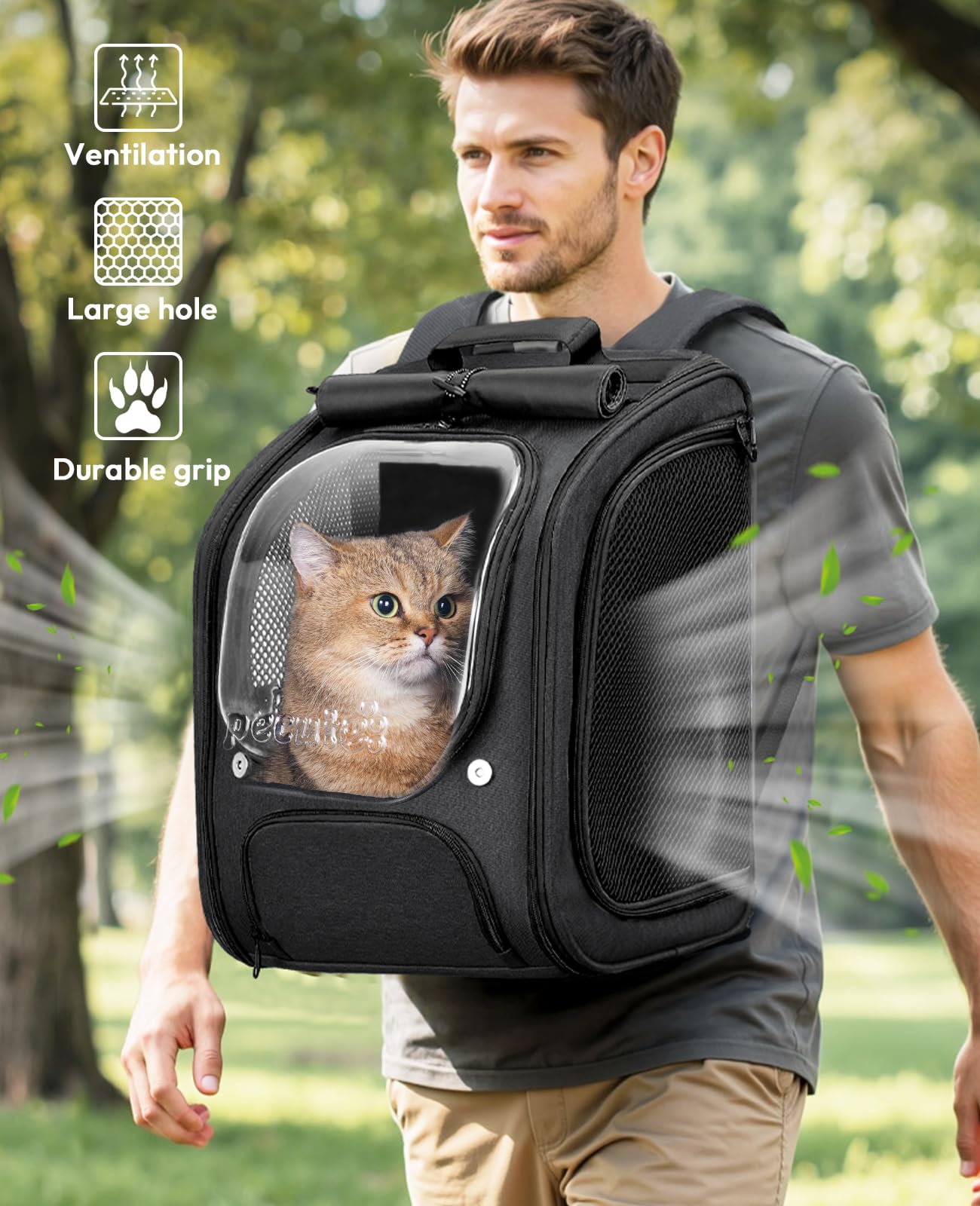 Pecute Zaino Trasportino per Gatti a Bolla - Ampio spazio stabile, parasole traspirante, ideale per viaggiare, fare escursioni, fare visitare cliniche veterinarie con il tuo animale domestico, Nero