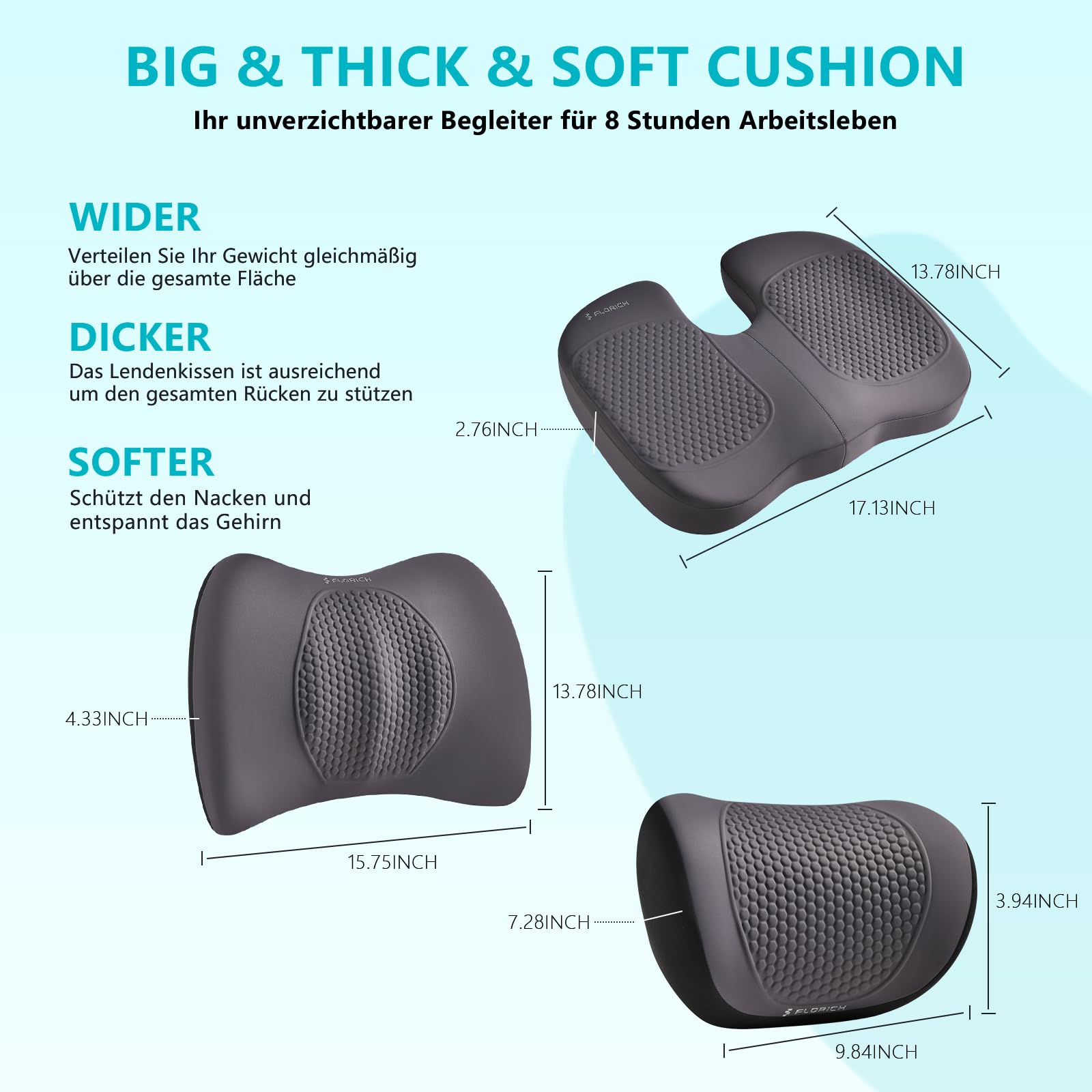 FLORICH Cojín para Asiento de Coche, Cojín Lumbar para Reposacabezas de Coche con Espuma Viscoelástica de Gel Cojín Ergonomisches Sitzkissen für Bürostuhl y Asiento de Coche, Tipo3-Gris