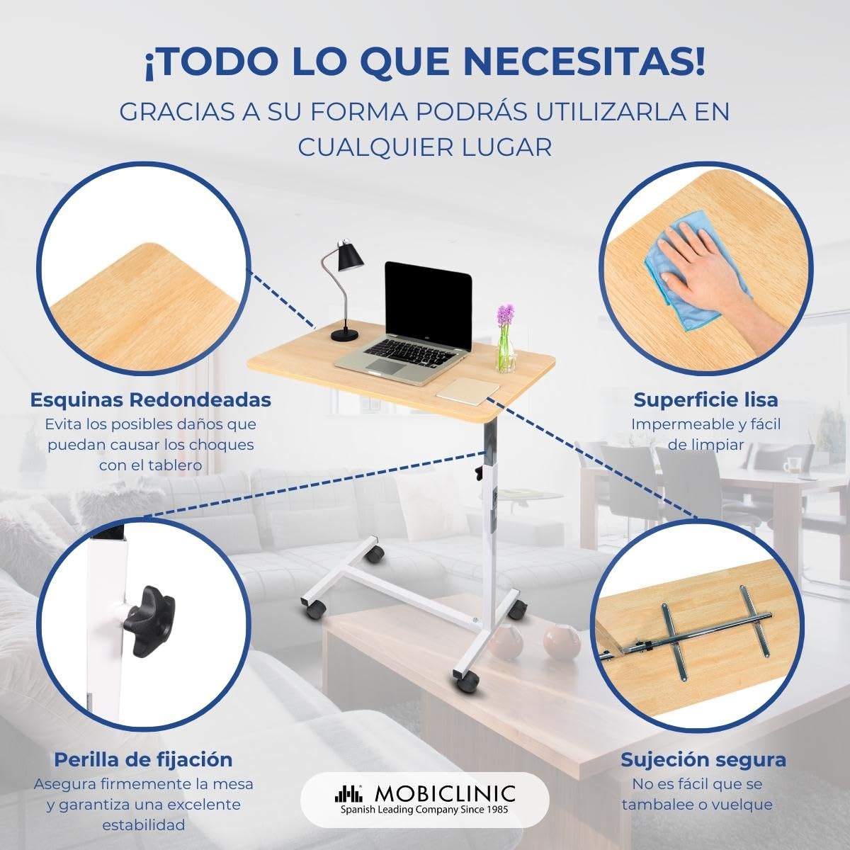 Mobiclinic, Mesa Auxiliar, con Ruedas, Modelo Meseta, De Altura Regulable, para sofá y Cama, Ligera Ayuda Personas Mayores, Elevable