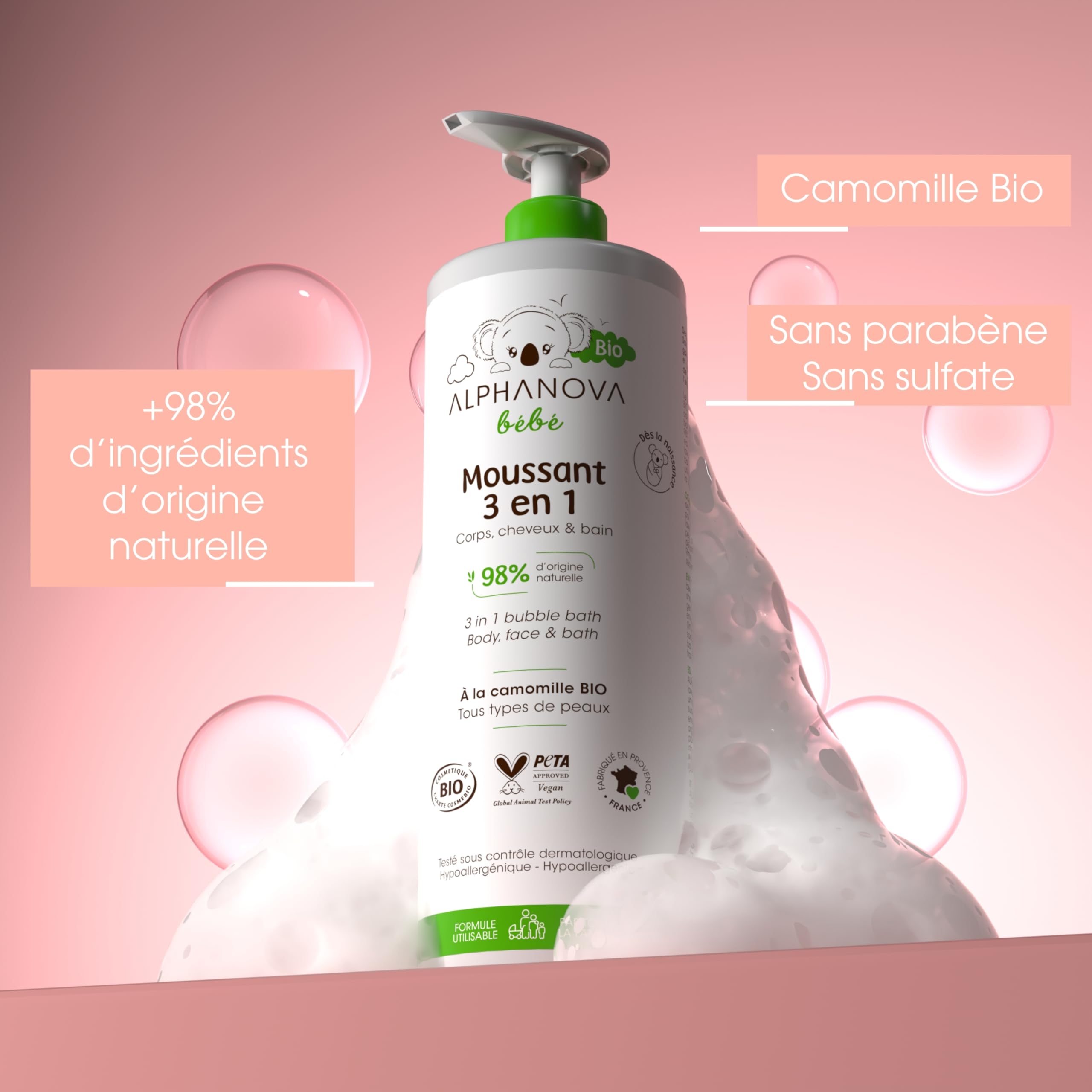 Alphanova, Bain moussant pour bébé, 3 en 1 - Bain corporel, shampooing et bain moussant, hypoallergénique, ne pique pas les yeux - Biologique - 500ml