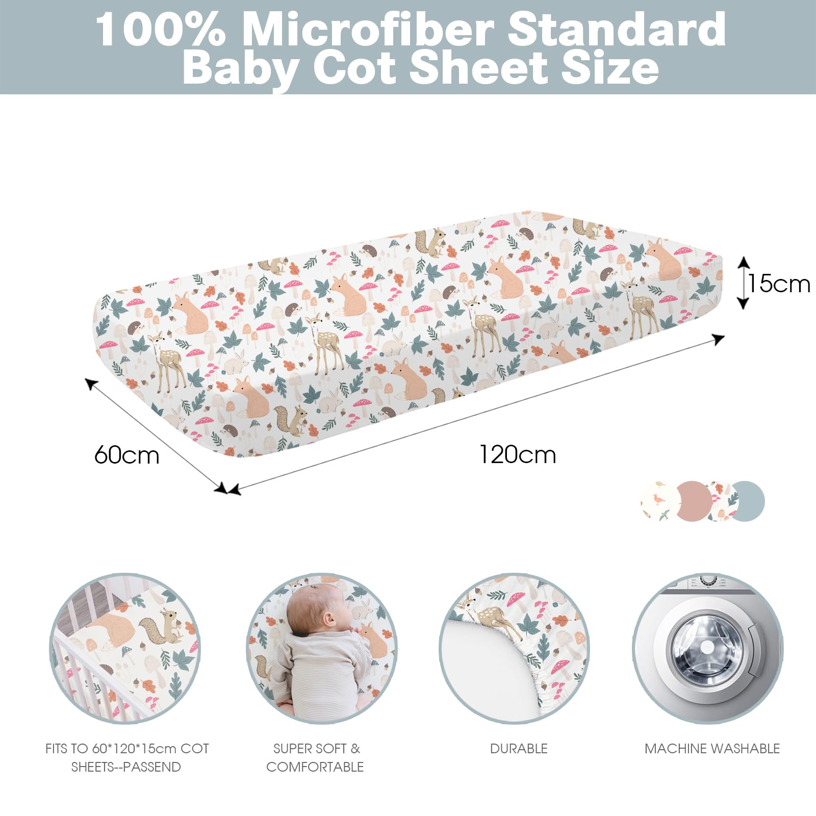 Cot Sheets for Boy Girl Fitted Cot Sheet 4 Pack for 60x120cm Mattresses, Super Soft Breathable Microfiber Baby Sheet - Image 4
