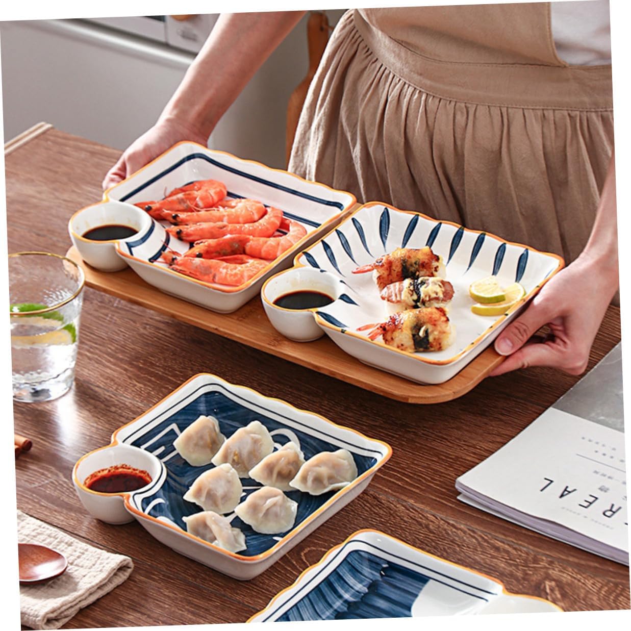 Angoily Ceramic Japanese Sushi Tray and Dipping Plate Set, 4pcs Assorted Japanese Style Sushi Serving Plates for Home Dining and Appetizers Random Color