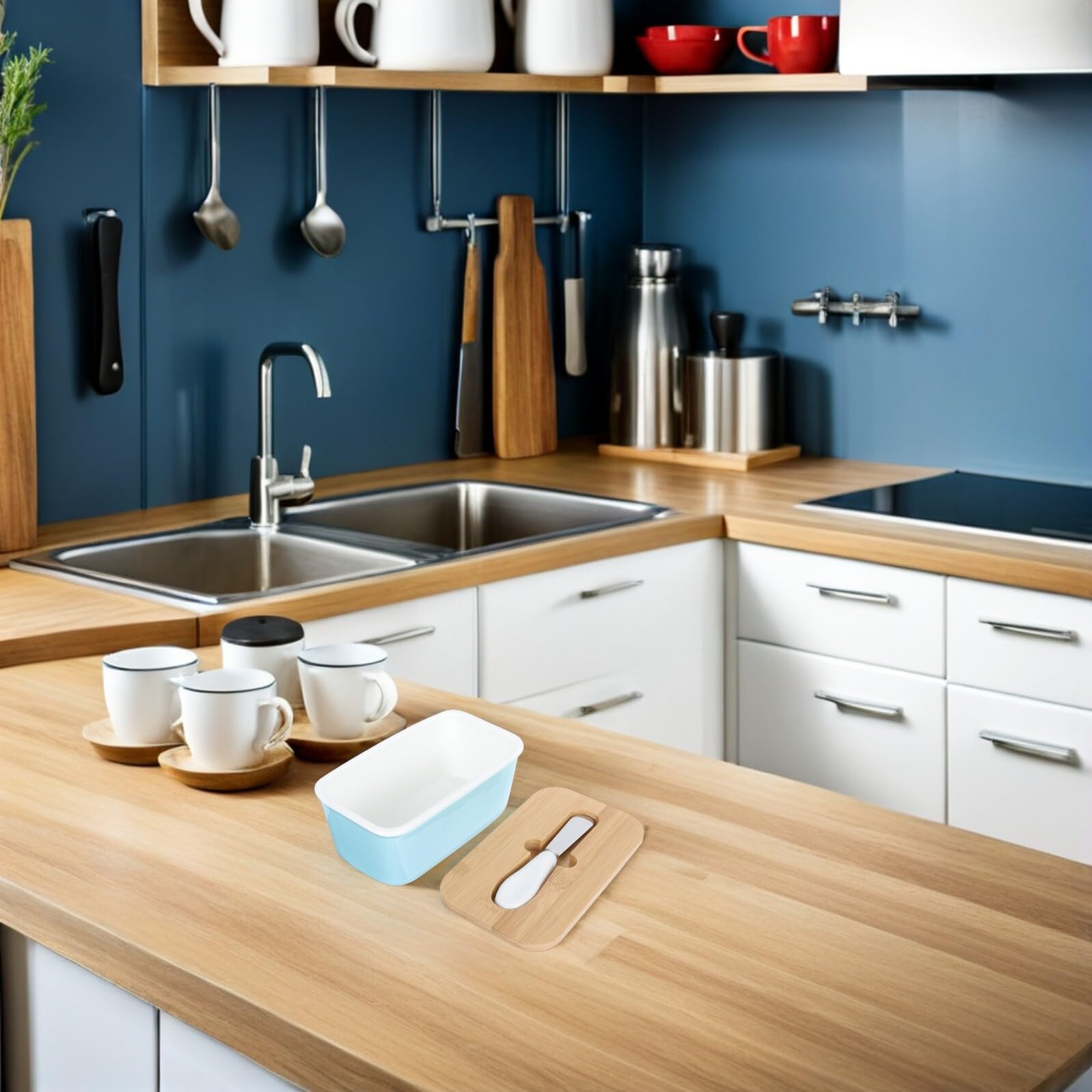 Veemoon Beurrier Rectangulaire en Céramique 600 Ml avec Couvercle Hermétique en Bois et Couteau Intégré Beurrier Décoratif pour Réfrigérateur Cuisine Conservation Optimale du Beurre et