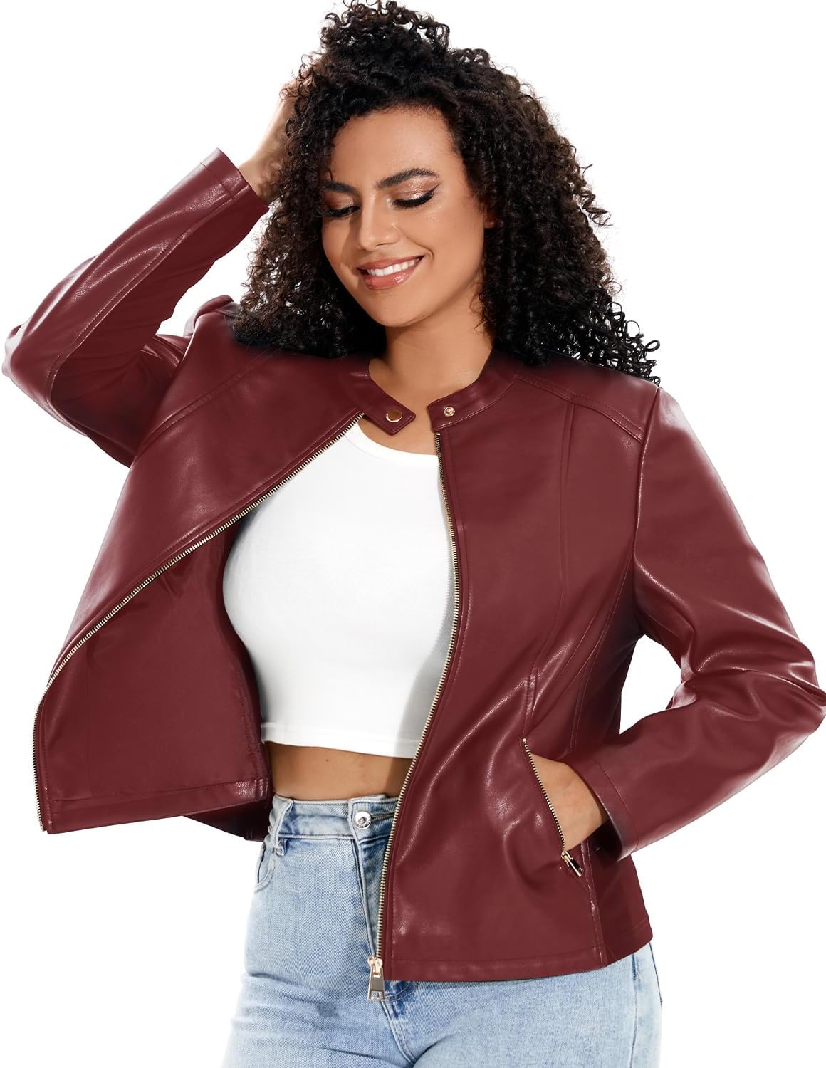 Women's Faux Leather Jacket Plus Size Motorcycle Biker Outwear Pu Zip Up Moto Coat - Image 3