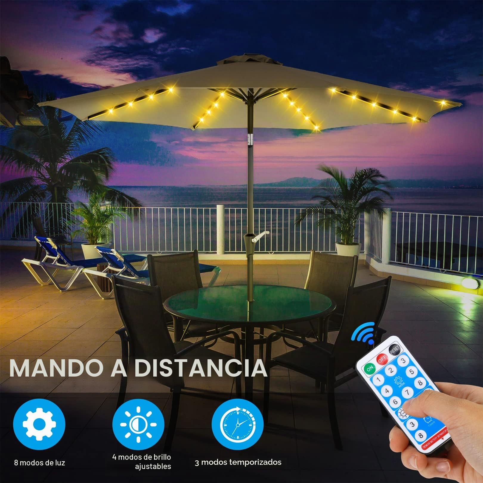 Iluminación solar para sombrilla,cadena de luces con 104 luces LED y mando a distancia de 8 modos,IP67,resistente al agua,para decoración de sombrillas,tiendas de campaña,para interior y exterior